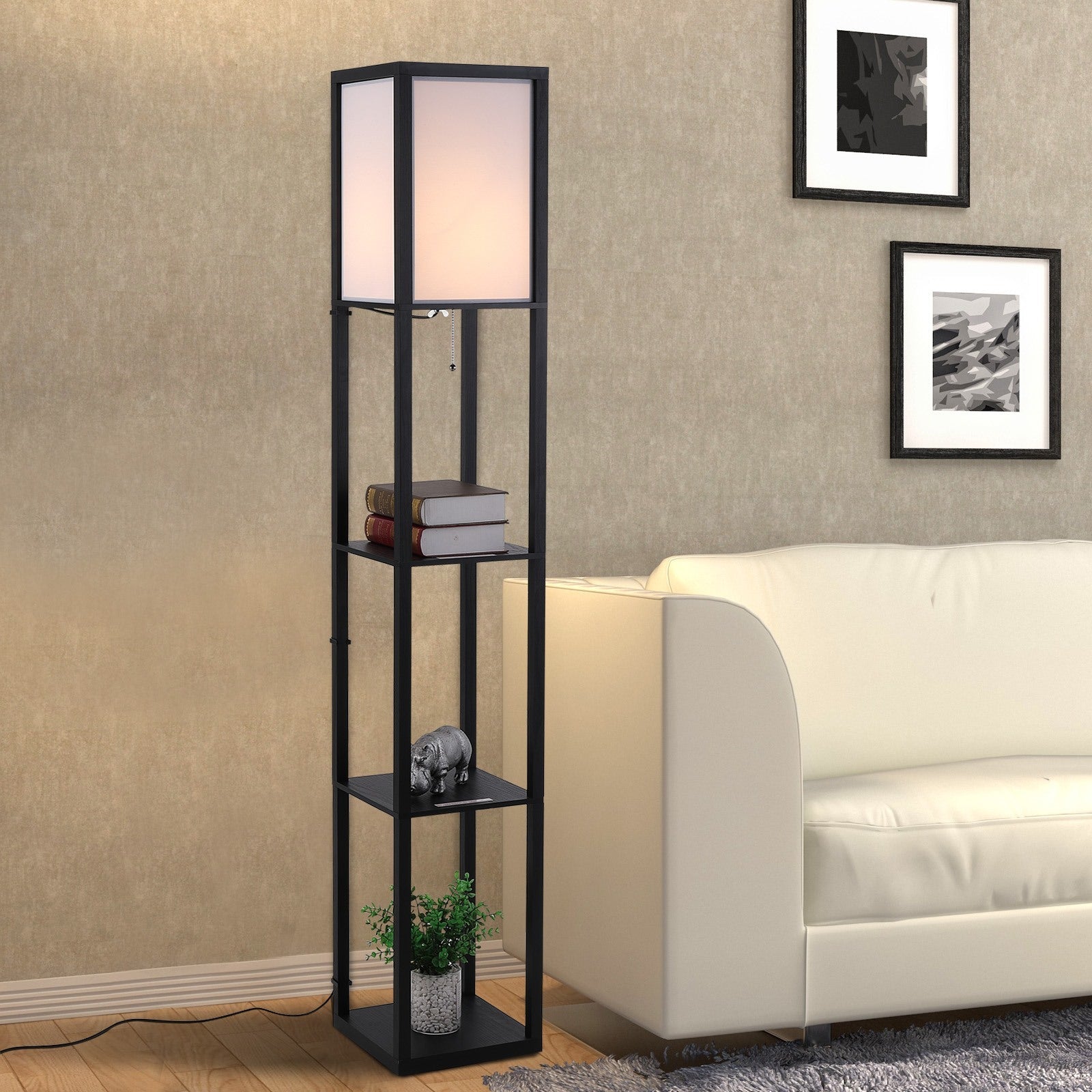 Easycomfort Lampada da Terra Moderna, Lampadina Illuminazione Interna Salvaspazio with Ripiani da Soggiorno Cotone, MDF 26 x 26 x 160 cm black e white
