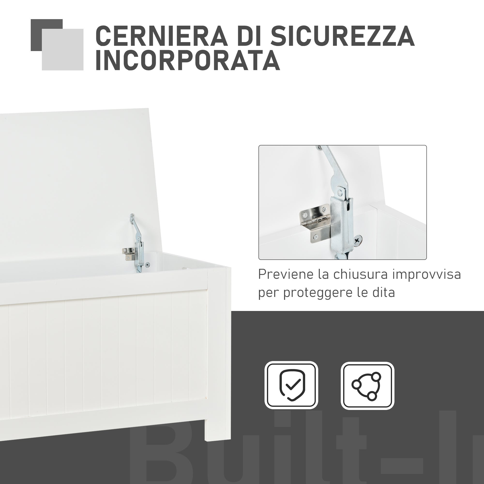 Easycomfort Panca Contenitore Multiuso in Legno MDF, 2 Maniglie e Apertura with Blocco di Sicurezza, 81x40x46cm, white