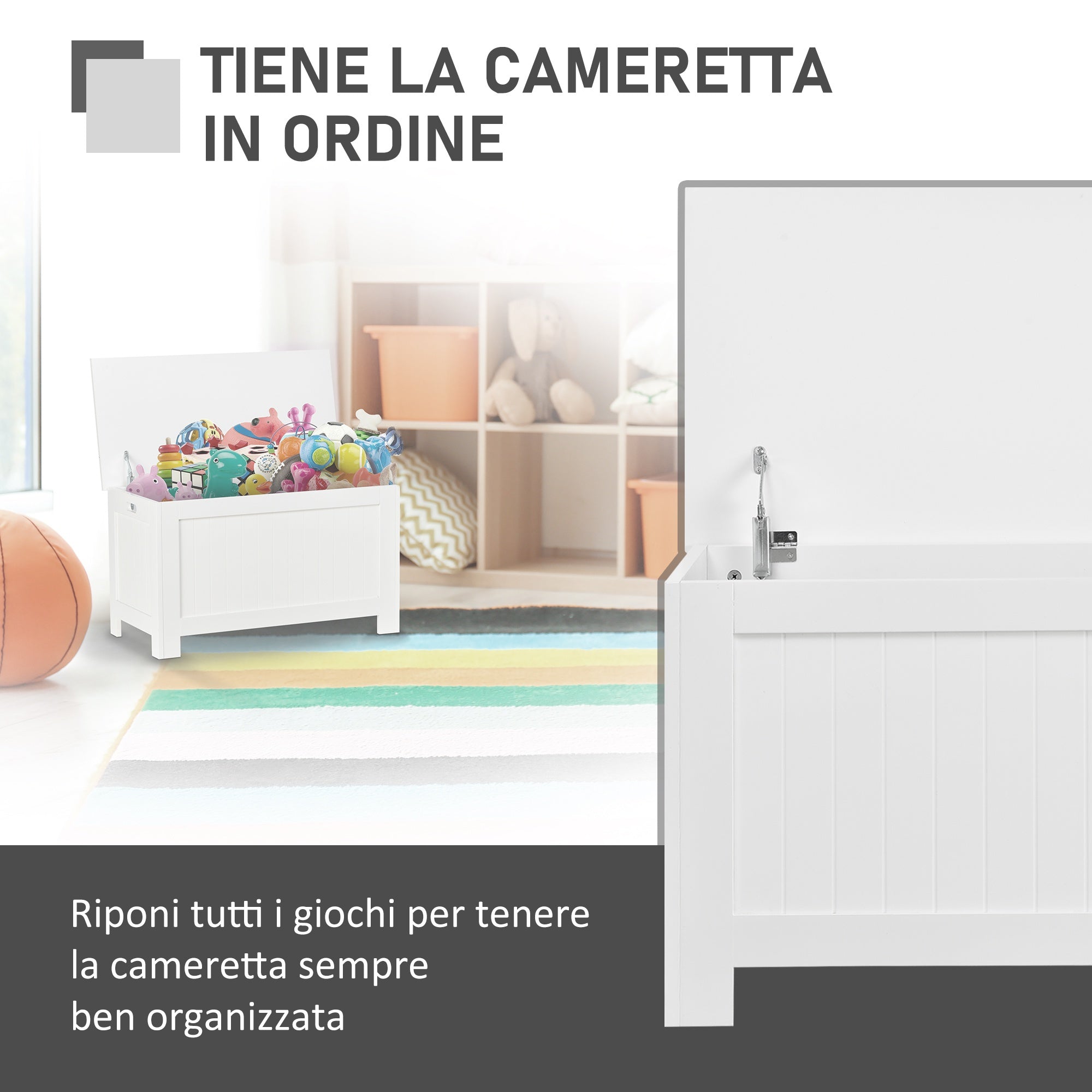 Easycomfort Panca Contenitore Multiuso in Legno MDF, 2 Maniglie e Apertura with Blocco di Sicurezza, 81x40x46cm, white