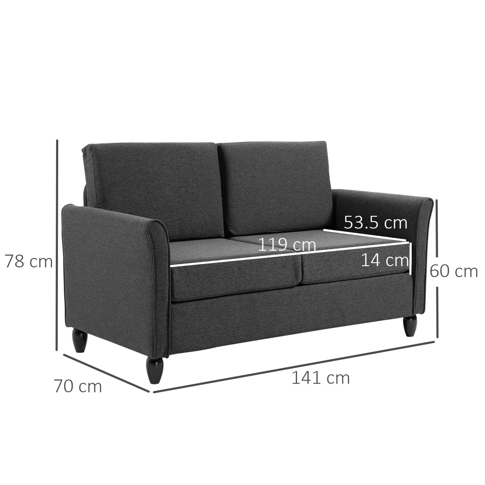 Easycomfort Divano a 2 Posti a Seduta Ampia with Cuscini Rimovibili da Salotto in Tessuto Effetto Lino e Gommapiuma, 141x70x78 cm, Grigio scuro e black