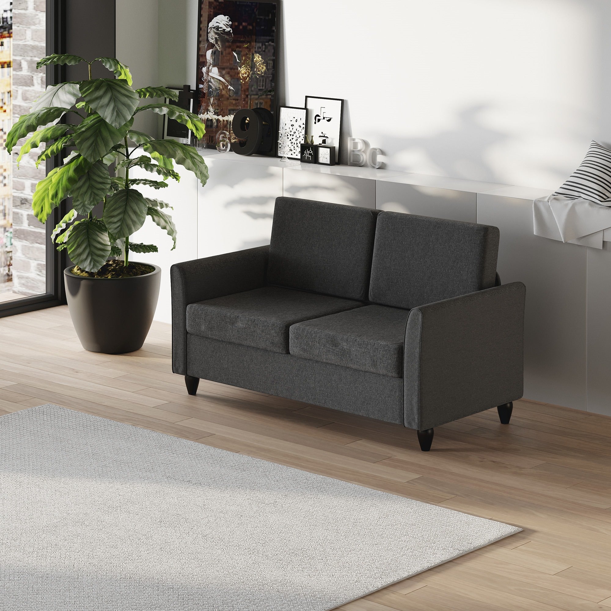 Easycomfort Divano a 2 Posti a Seduta Ampia with Cuscini Rimovibili da Salotto in Tessuto Effetto Lino e Gommapiuma, 141x70x78 cm, Grigio scuro e black