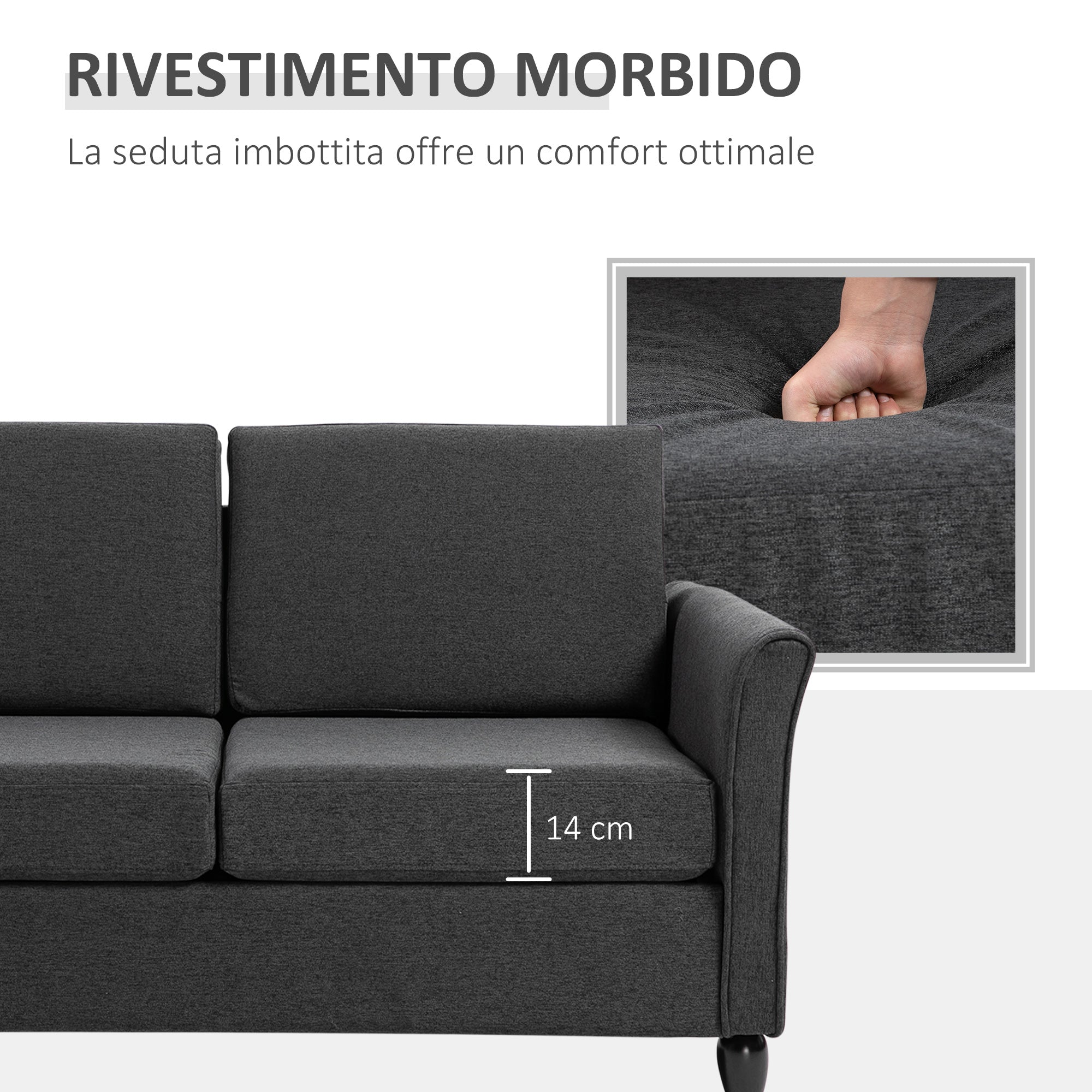 Easycomfort Divano a 2 Posti a Seduta Ampia with Cuscini Rimovibili da Salotto in Tessuto Effetto Lino e Gommapiuma, 141x70x78 cm, Grigio scuro e black