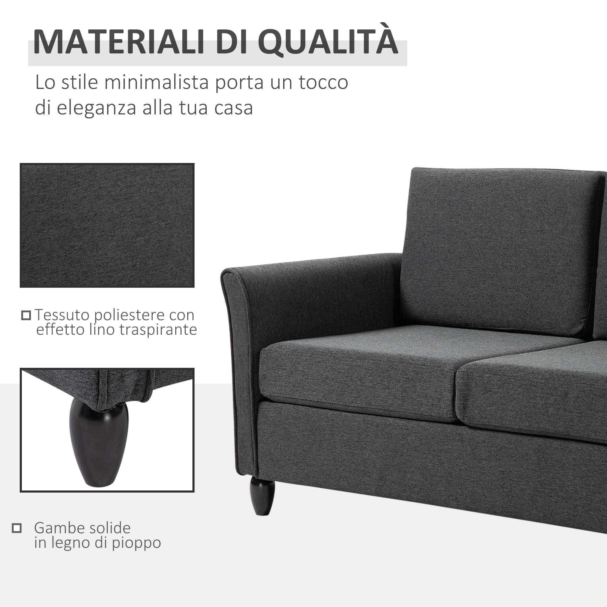 Easycomfort Divano a 2 Posti a Seduta Ampia with Cuscini Rimovibili da Salotto in Tessuto Effetto Lino e Gommapiuma, 141x70x78 cm, Grigio scuro e black