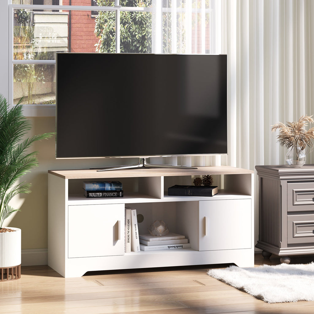 Easycomfort Mobile TV with 3 Scomparti Aperti, 2 Armadietti e Piano d'Appoggio, Mobile per TV fino a 50", in Truciolato, 105x40x52cm, white e Legno