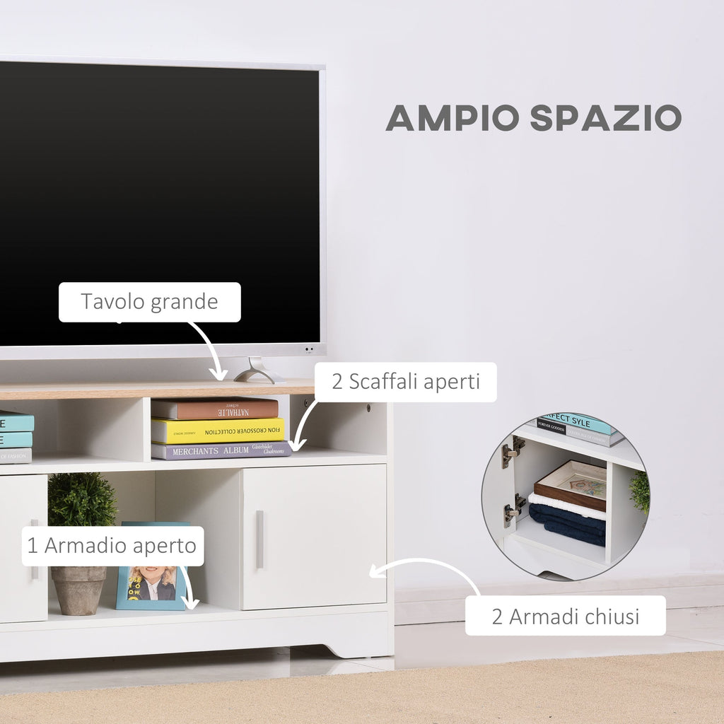 Easycomfort Mobile TV with 3 Scomparti Aperti, 2 Armadietti e Piano d'Appoggio, Mobile per TV fino a 50", in Truciolato, 105x40x52cm, white e Legno