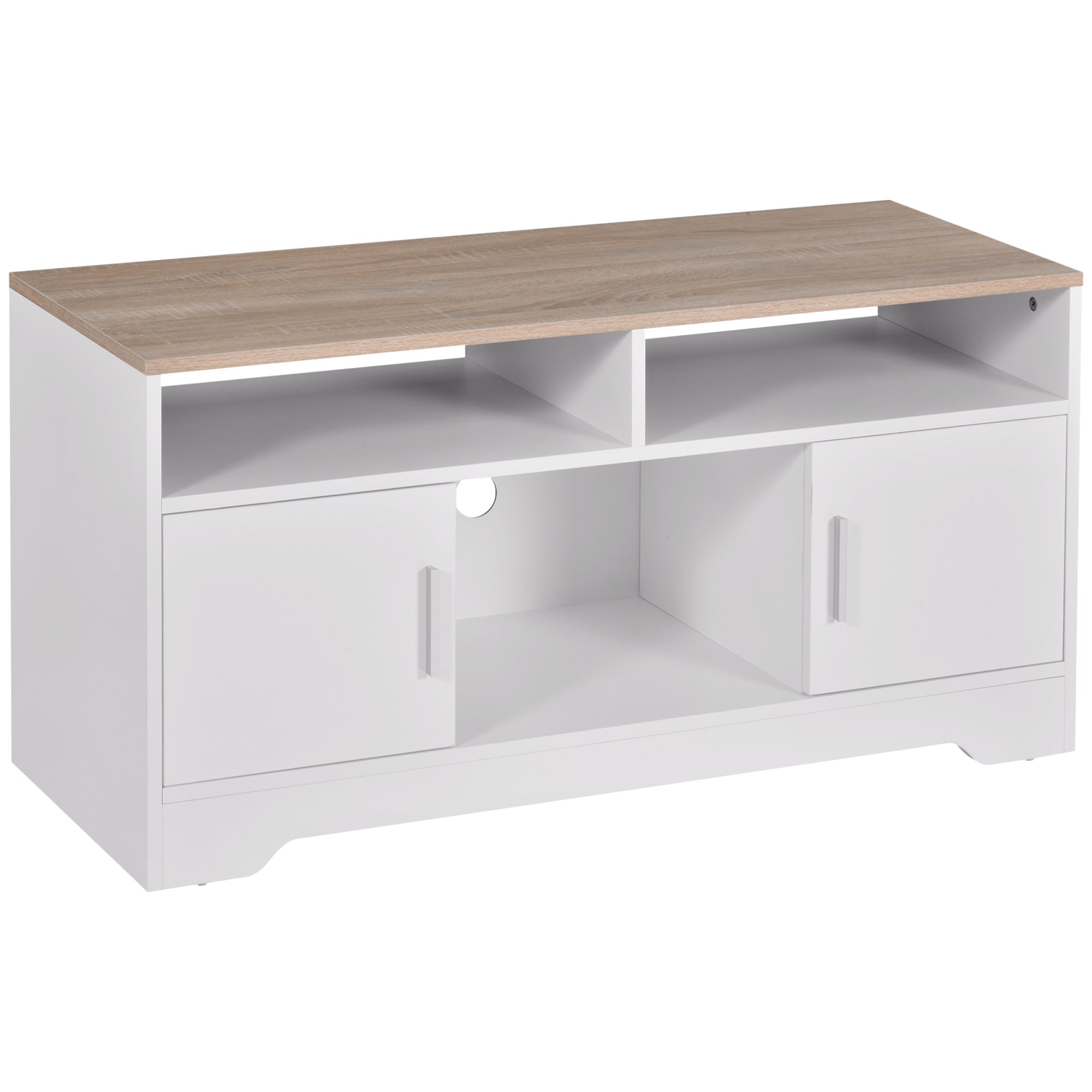 Easycomfort Mobile TV with 3 Scomparti Aperti, 2 Armadietti e Piano d'Appoggio, Mobile per TV fino a 50", in Truciolato, 105x40x52cm, white e Legno