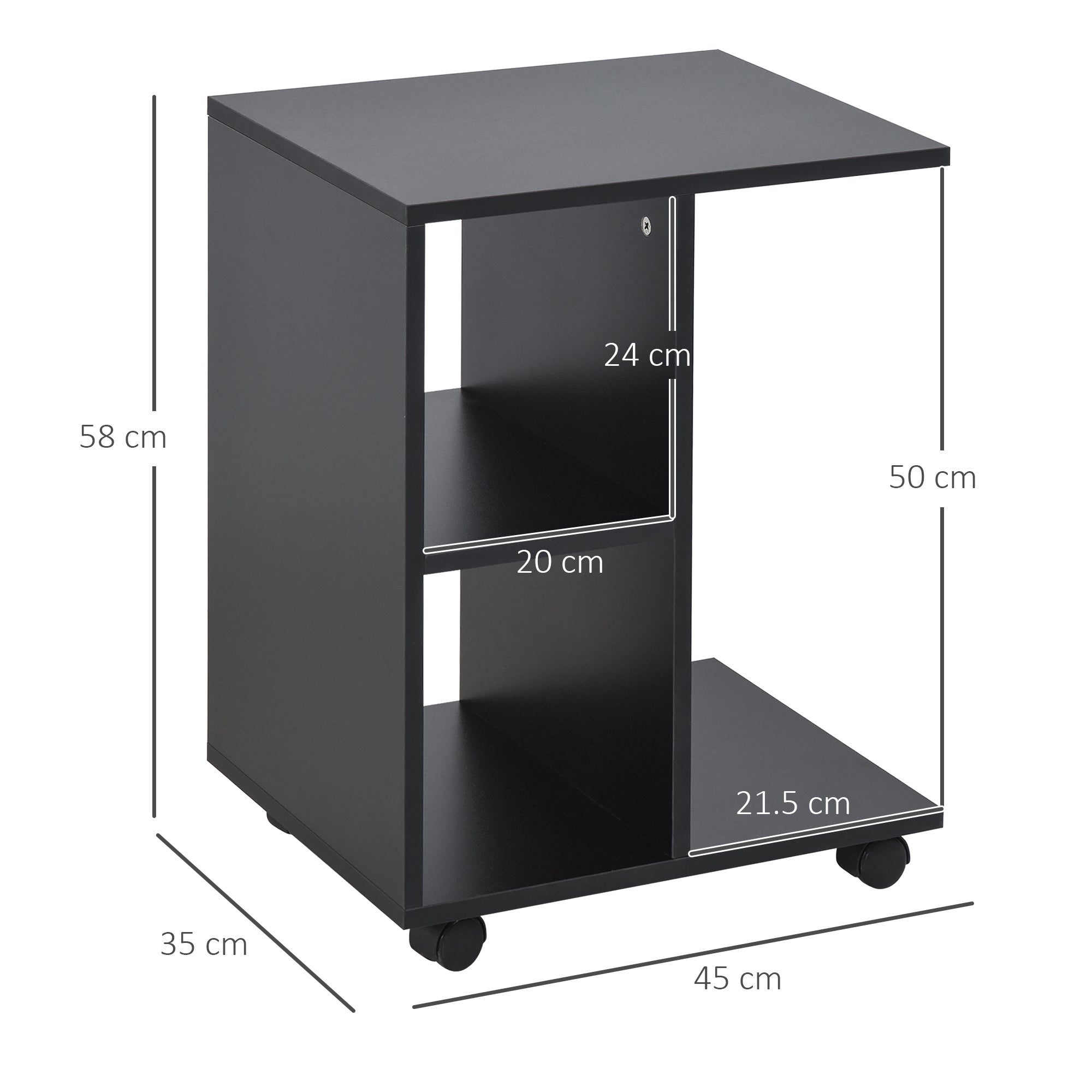 Easycomfort Tavolino da Salotto a C with 2 Ripiani Aperti e 4 Ruote Girevoli, 45x35x58 cm, black