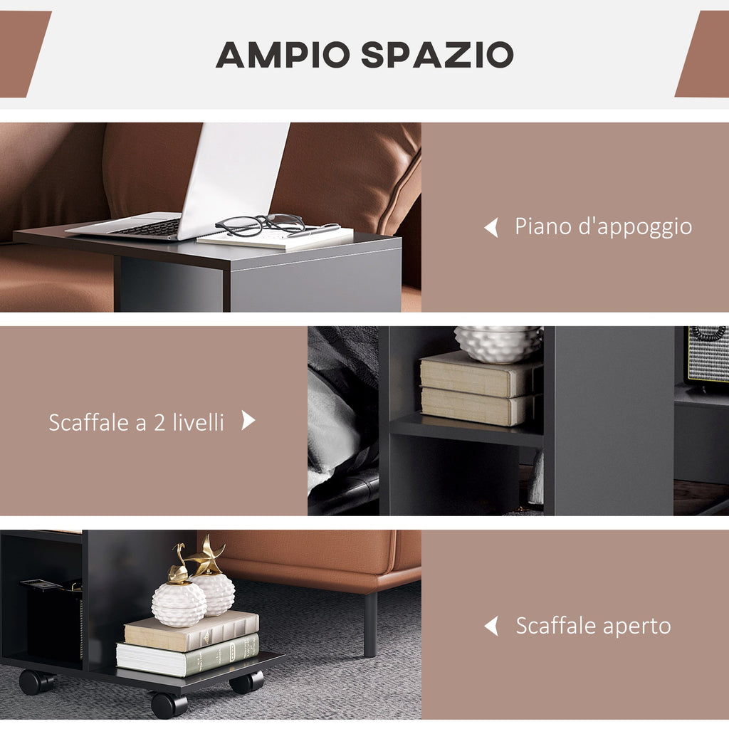 Easycomfort Tavolino da Salotto a C with 2 Ripiani Aperti e 4 Ruote Girevoli, 45x35x58 cm, black