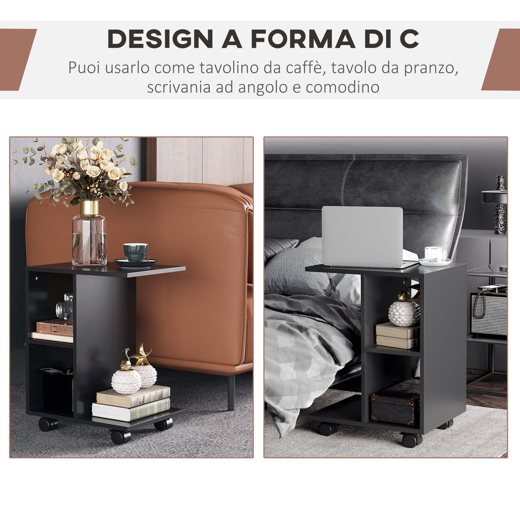 Easycomfort Tavolino da Salotto a C with 2 Ripiani Aperti e 4 Ruote Girevoli, 45x35x58 cm, black