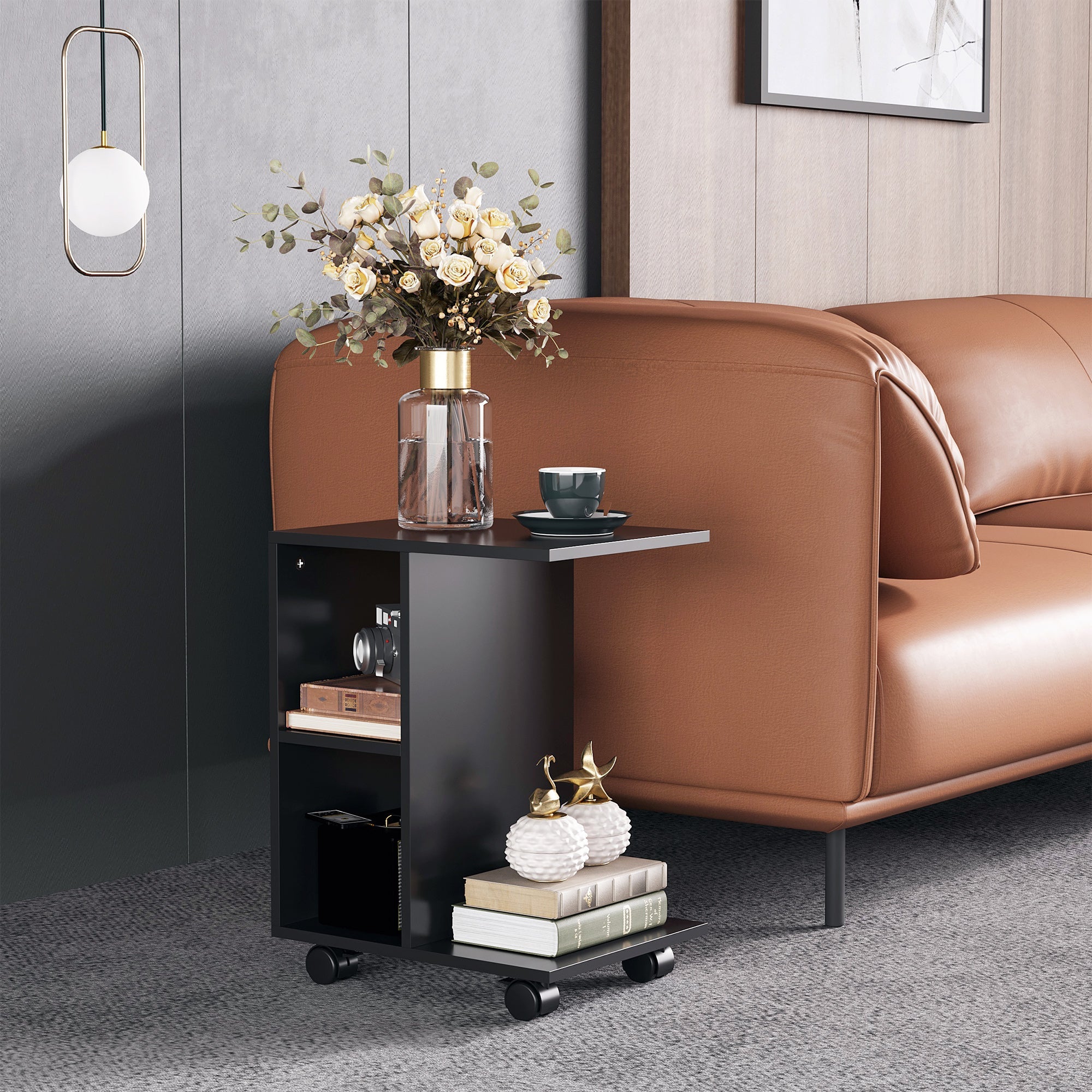 Easycomfort Tavolino da Salotto a C with 2 Ripiani Aperti e 4 Ruote Girevoli, 45x35x58 cm, black