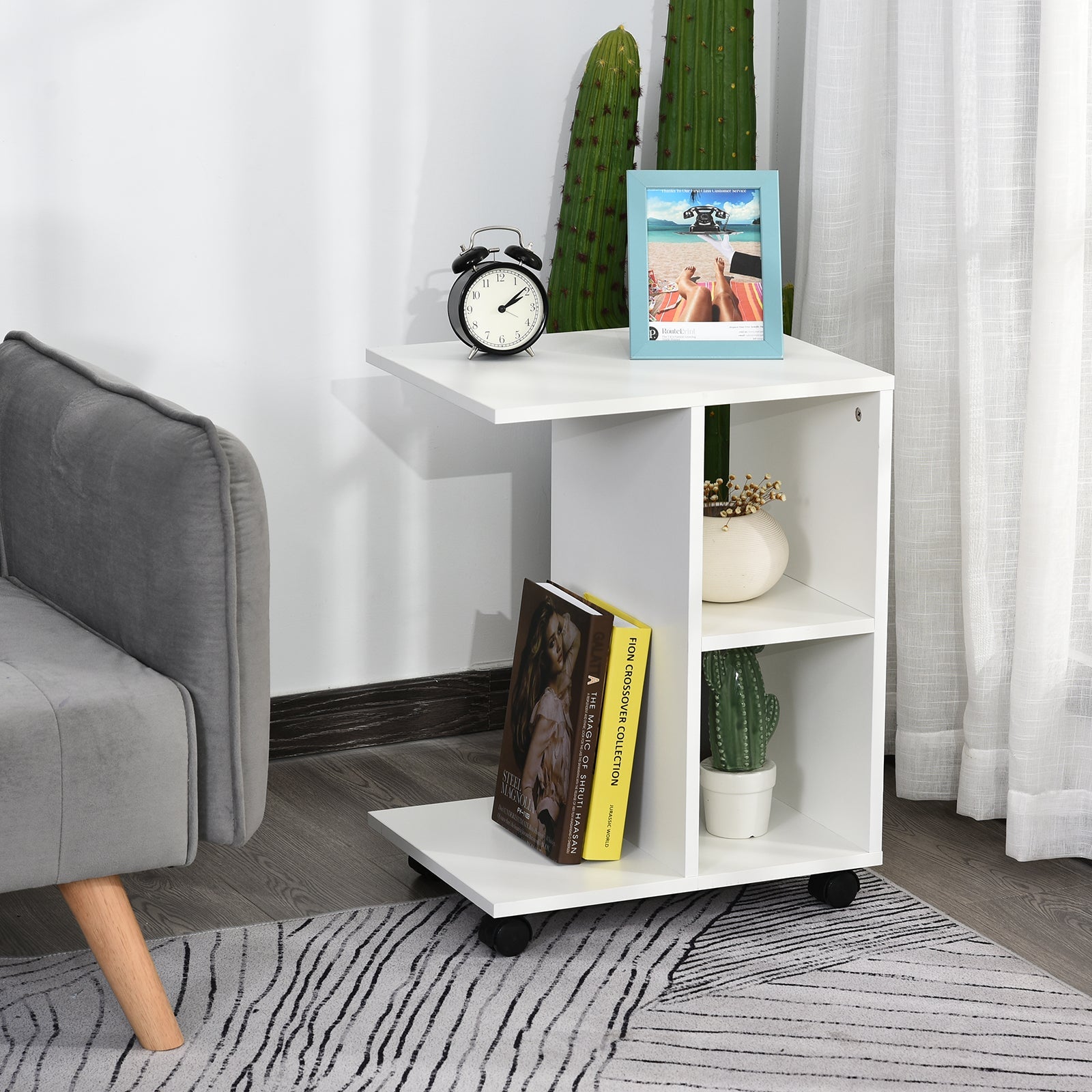 Easycomfort Tavolino da Salotto a C with 2 Ripiani Aperti e 4 Ruote Girevoli, in MDF e PE, 45x35x58 cm, white