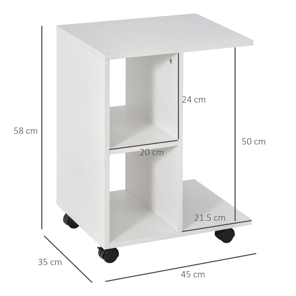 Easycomfort Tavolino da Salotto a C with 2 Ripiani Aperti e 4 Ruote Girevoli, in MDF e PE, 45x35x58 cm, white