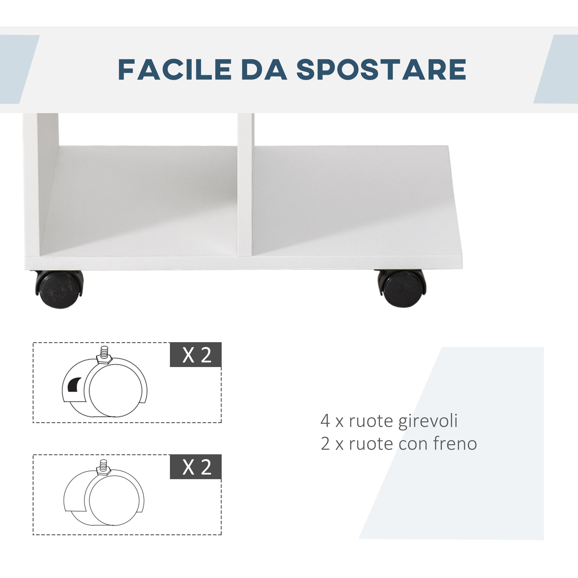 Easycomfort Tavolino da Salotto a C with 2 Ripiani Aperti e 4 Ruote Girevoli, in MDF e PE, 45x35x58 cm, white