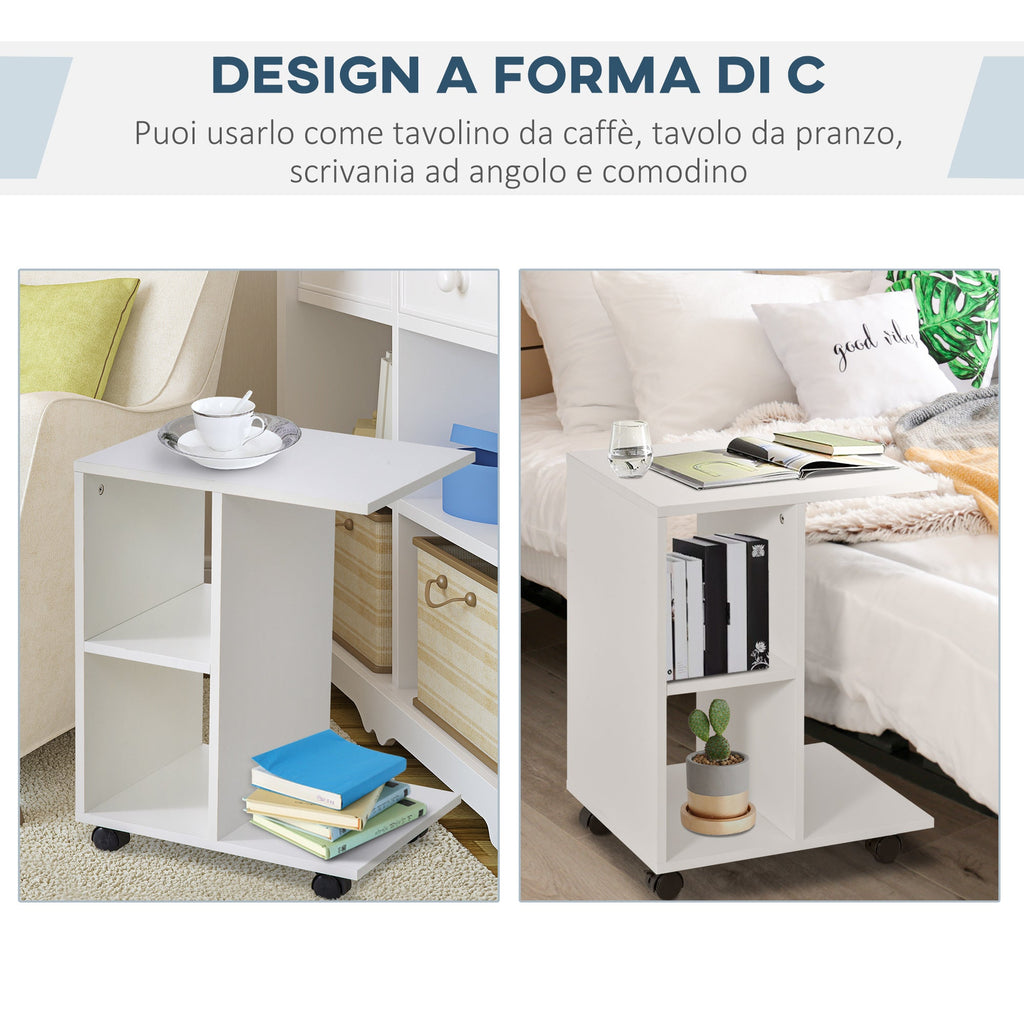 Easycomfort Tavolino da Salotto a C with 2 Ripiani Aperti e 4 Ruote Girevoli, in MDF e PE, 45x35x58 cm, white