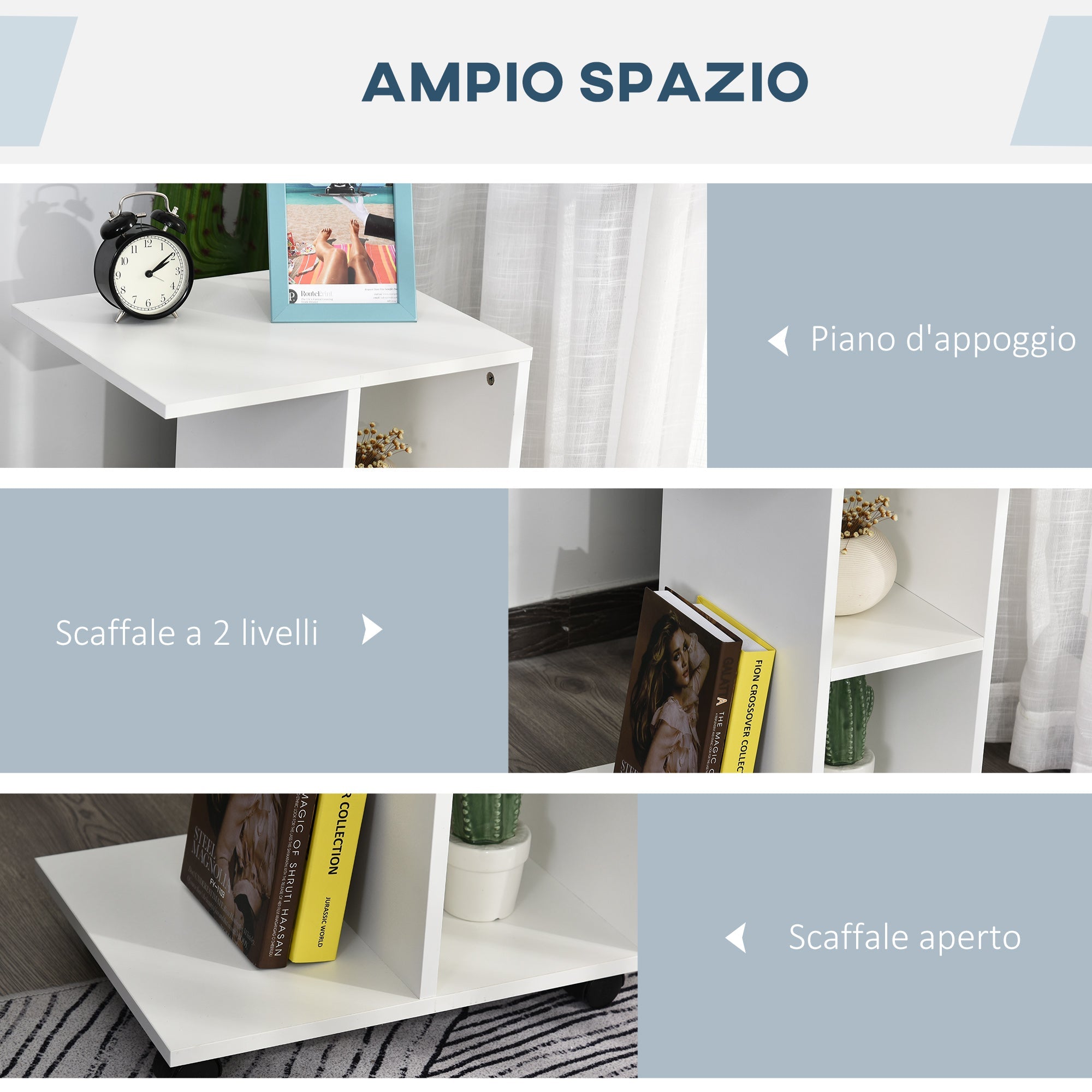 Easycomfort Tavolino da Salotto a C with 2 Ripiani Aperti e 4 Ruote Girevoli, in MDF e PE, 45x35x58 cm, white