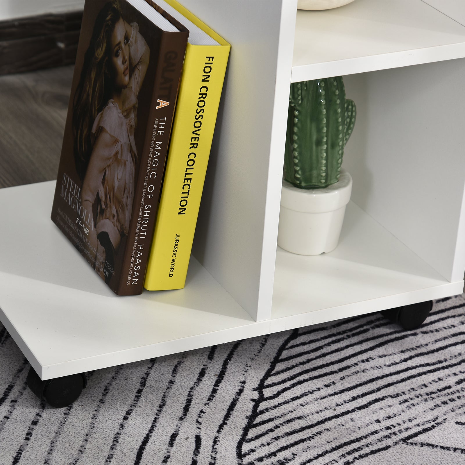 Easycomfort Tavolino da Salotto a C with 2 Ripiani Aperti e 4 Ruote Girevoli, in MDF e PE, 45x35x58 cm, white