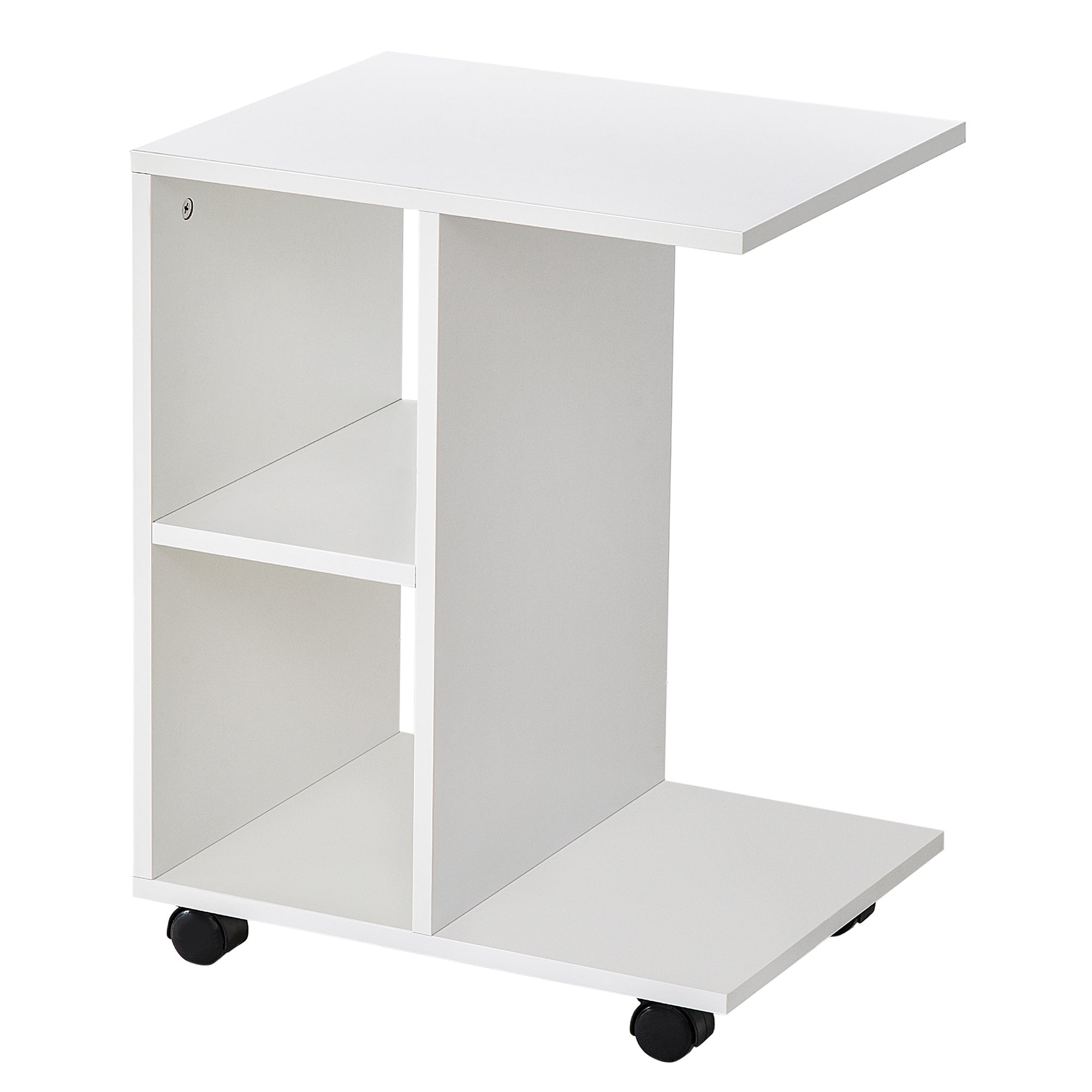 Easycomfort Tavolino da Salotto a C with 2 Ripiani Aperti e 4 Ruote Girevoli, in MDF e PE, 45x35x58 cm, white
