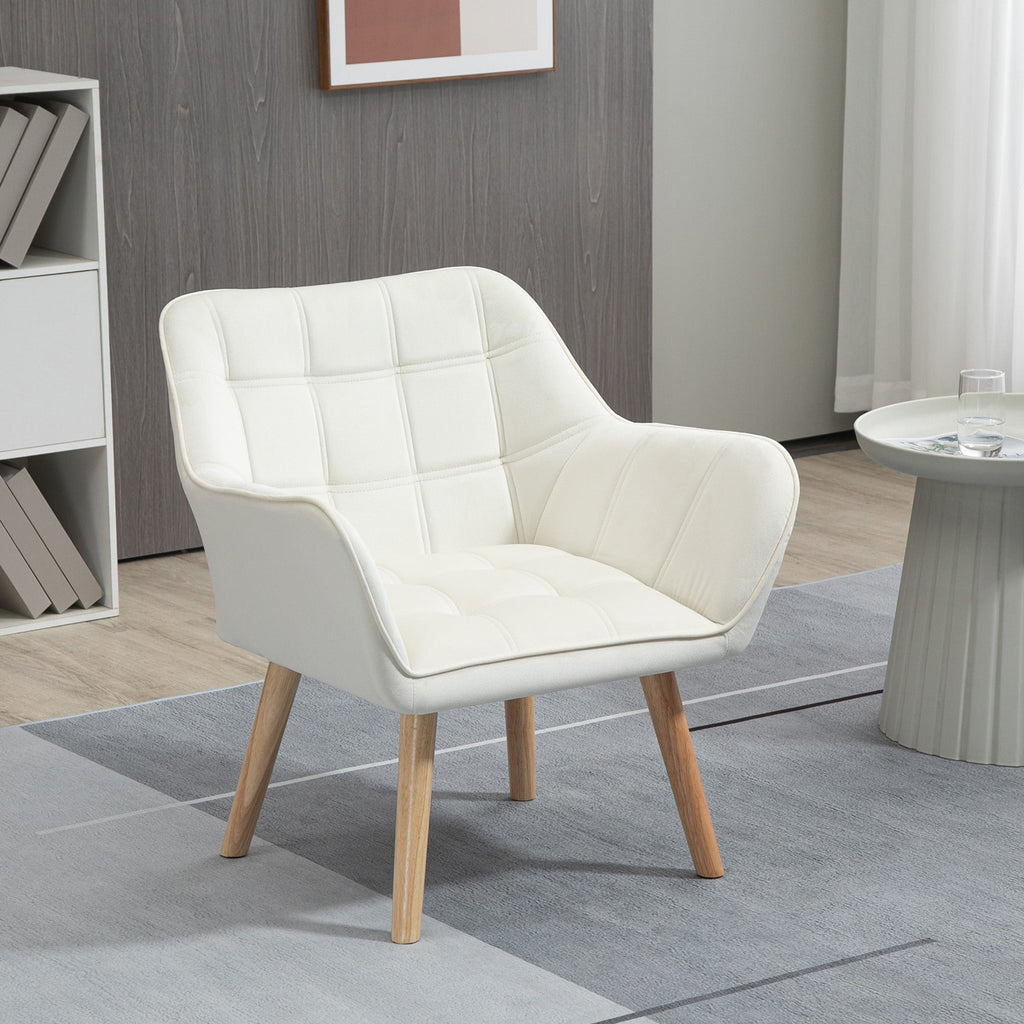 Easycomfort Poltrona Design Scandinava in Legno ed Effetto Velluto Crema, per Soggiorno o Ufficio, 68.5x61x72.5 cm