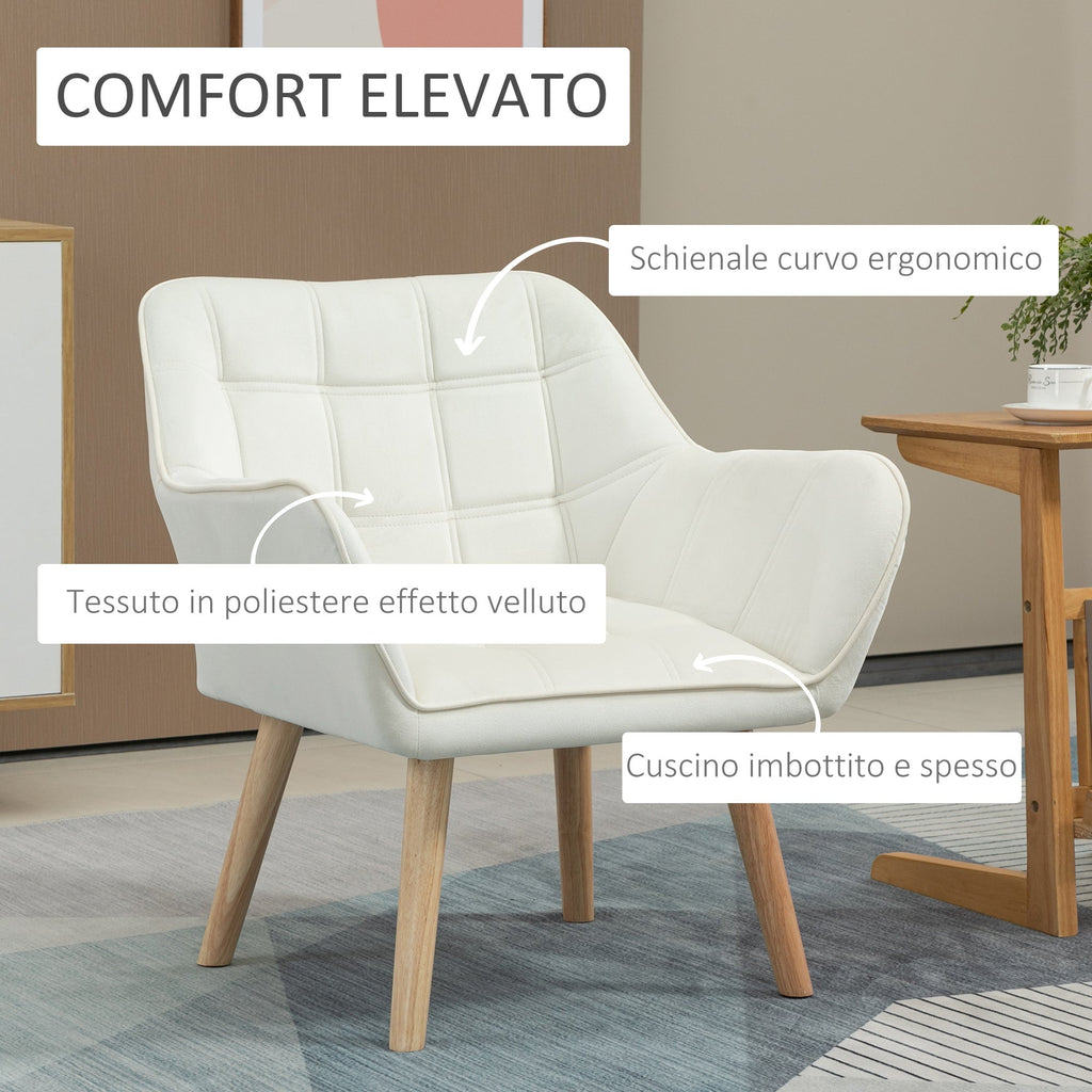 Easycomfort Poltrona Design Scandinava in Legno ed Effetto Velluto Crema, per Soggiorno o Ufficio, 68.5x61x72.5 cm