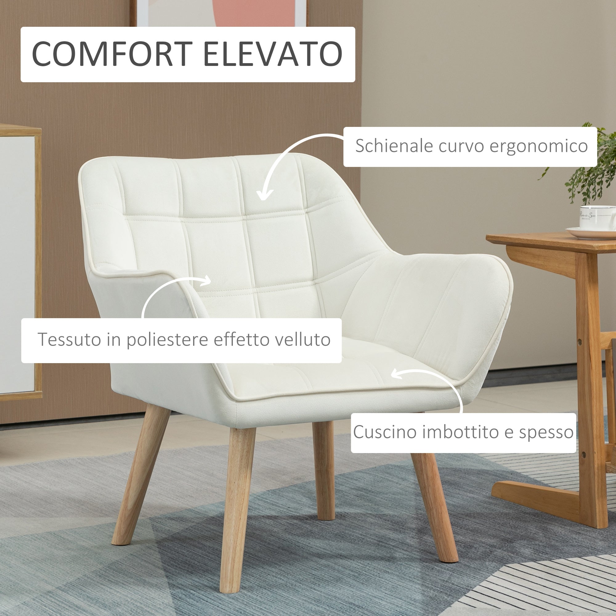 Easycomfort Poltrona Design Scandinava in Legno ed Effetto Velluto Crema, per Soggiorno o Ufficio, 68.5x61x72.5 cm