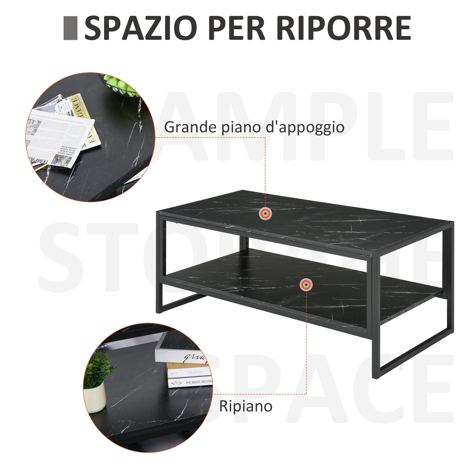 Easycomfort Tavolino da Caffè black Effetto Marmo with Ripiano Inferiore, per Soggiorno o Ufficio, 106x50x45cm