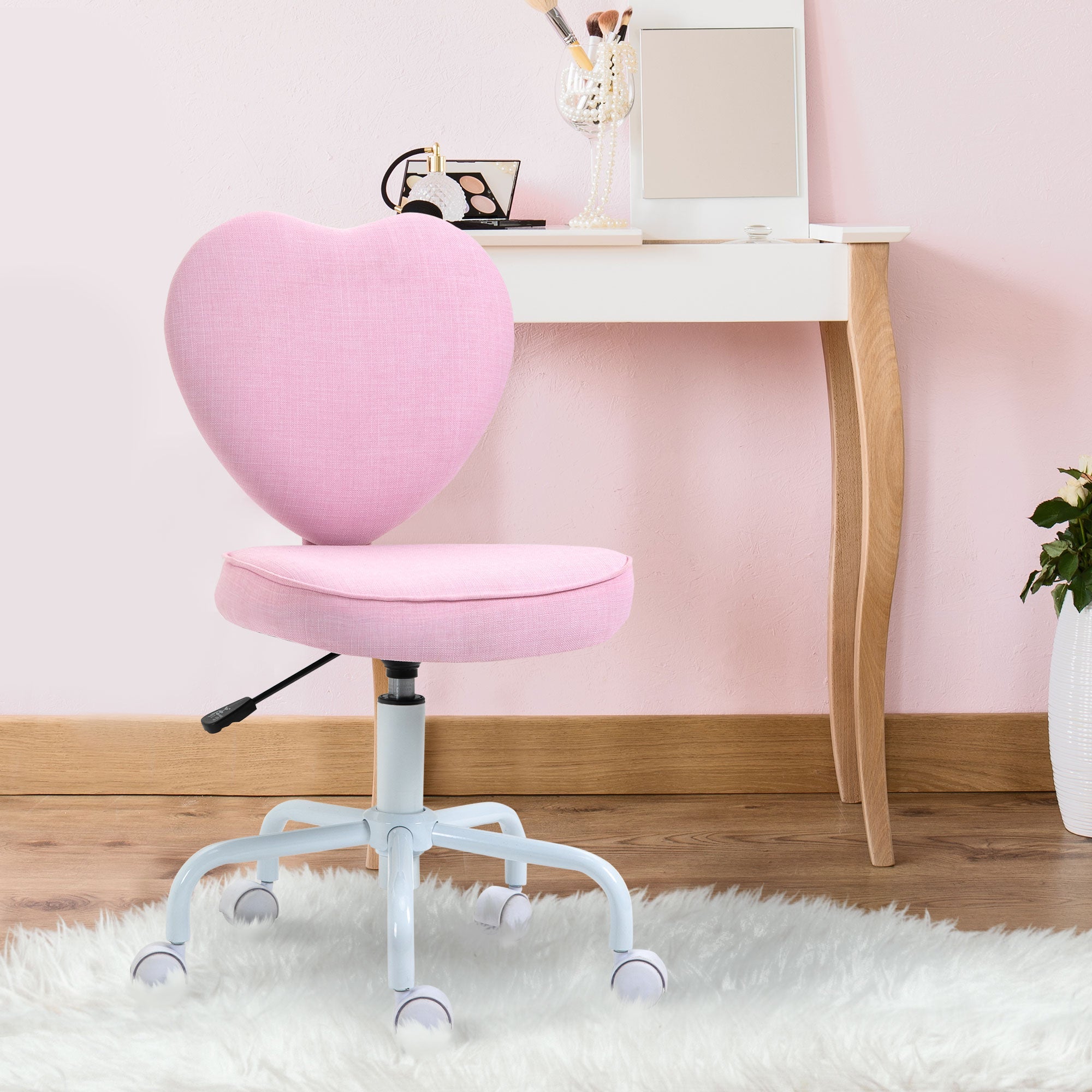 Easycomfort Sedia per Scrivania a Forma di Cuore with 5 Rotelle e Altezza Regolabile in Tessuto Rosa, 40x50x79-89cm