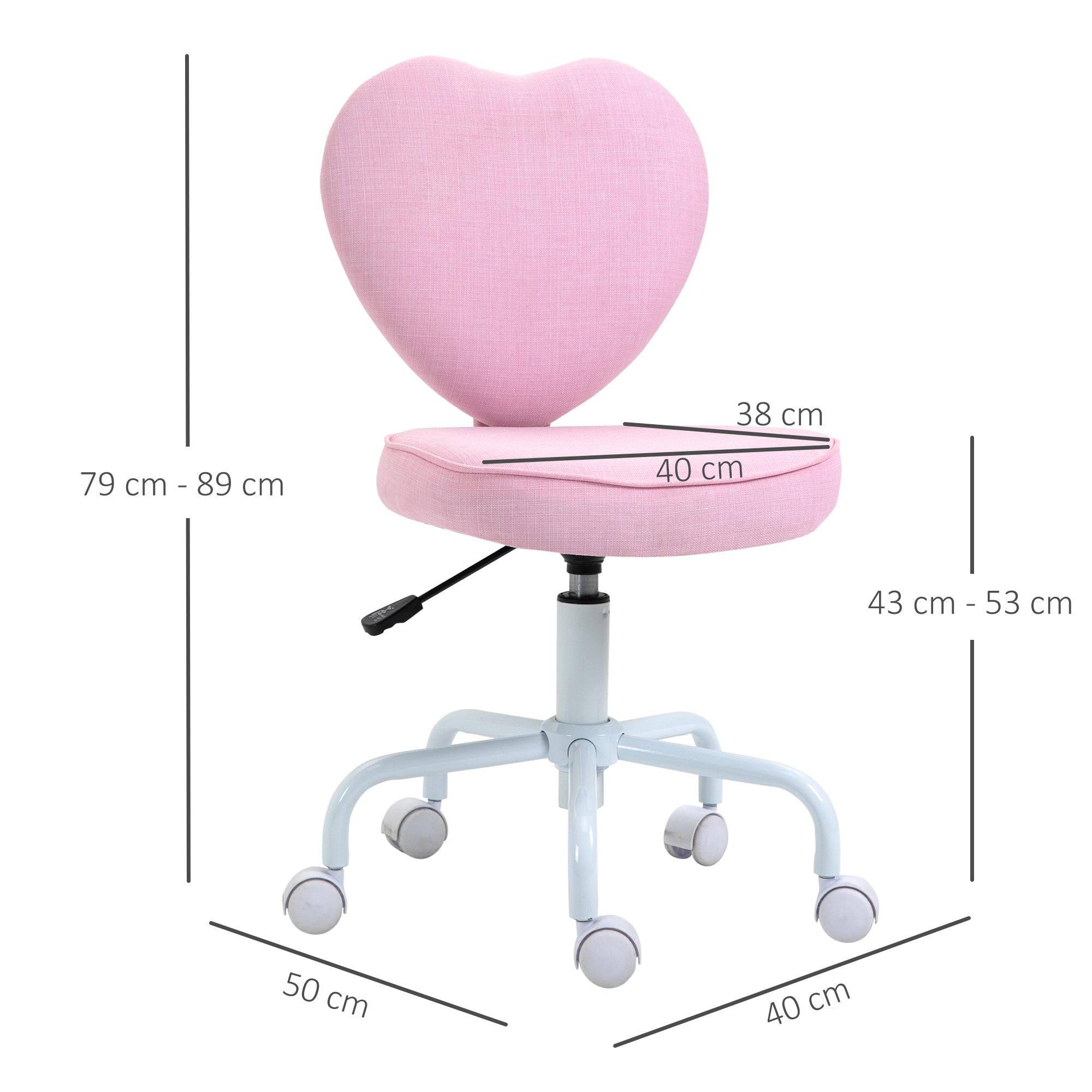 Easycomfort Sedia per Scrivania a Forma di Cuore with 5 Rotelle e Altezza Regolabile in Tessuto Rosa, 40x50x79-89cm