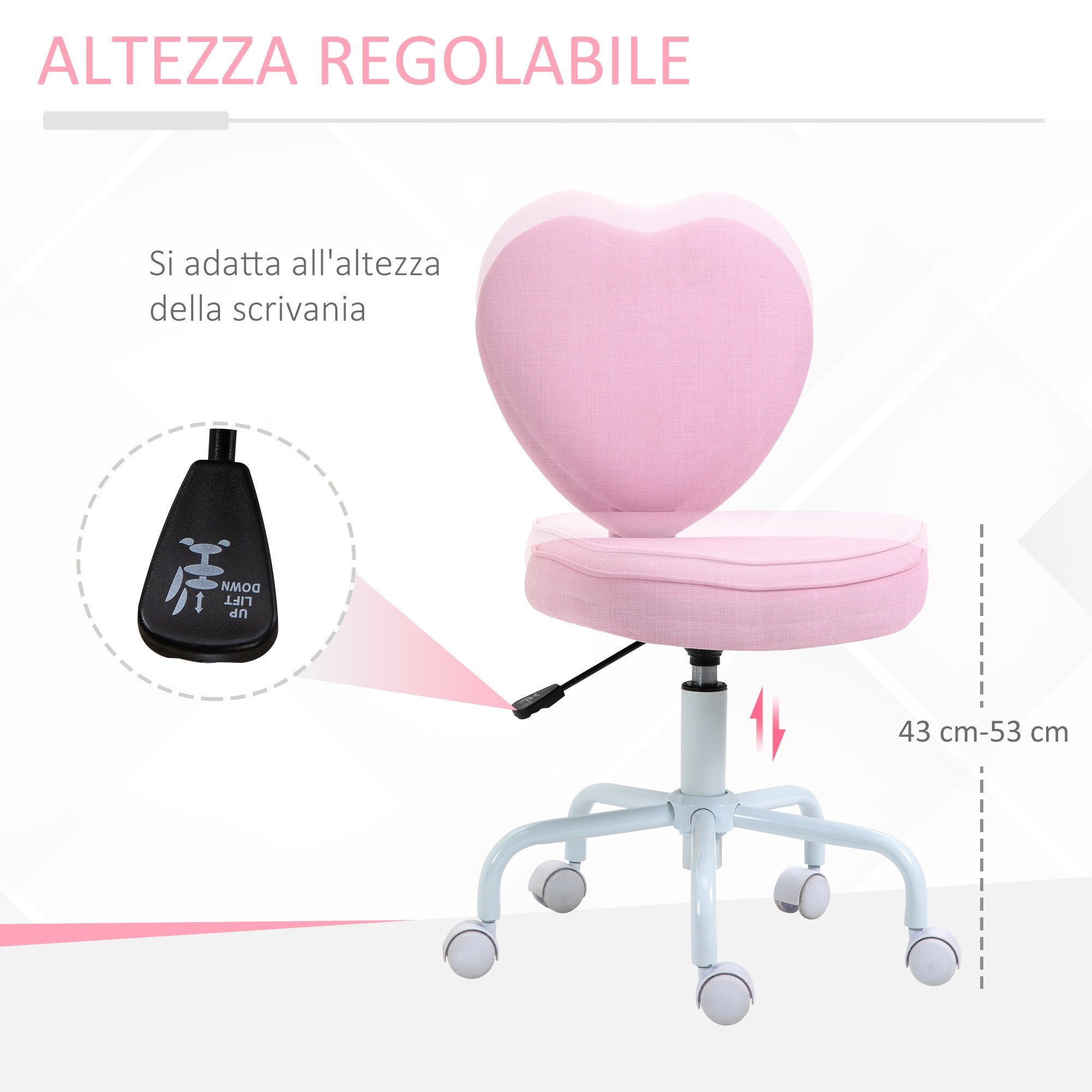 Easycomfort Sedia per Scrivania a Forma di Cuore with 5 Rotelle e Altezza Regolabile in Tessuto Rosa, 40x50x79-89cm