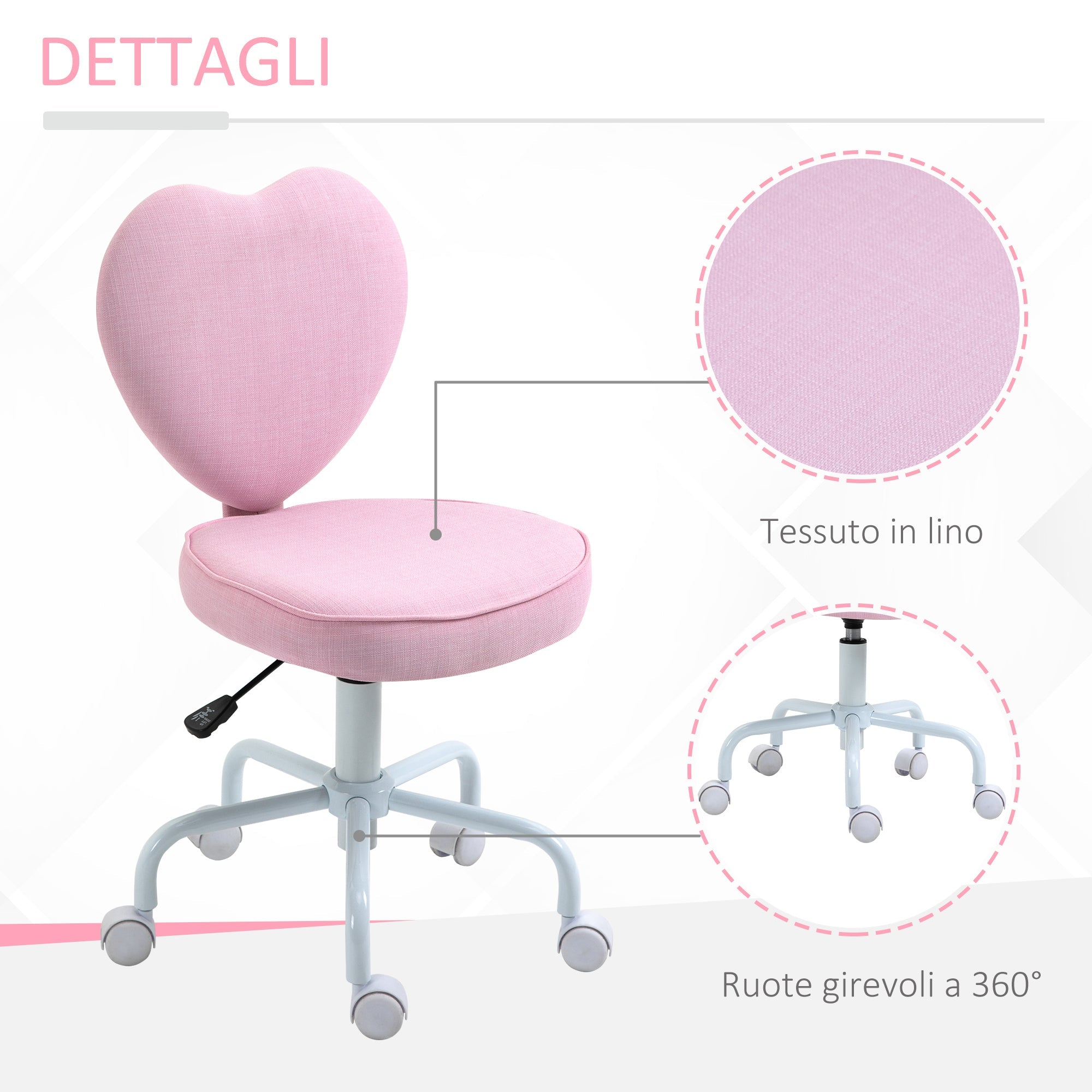 Easycomfort Sedia per Scrivania a Forma di Cuore with 5 Rotelle e Altezza Regolabile in Tessuto Rosa, 40x50x79-89cm