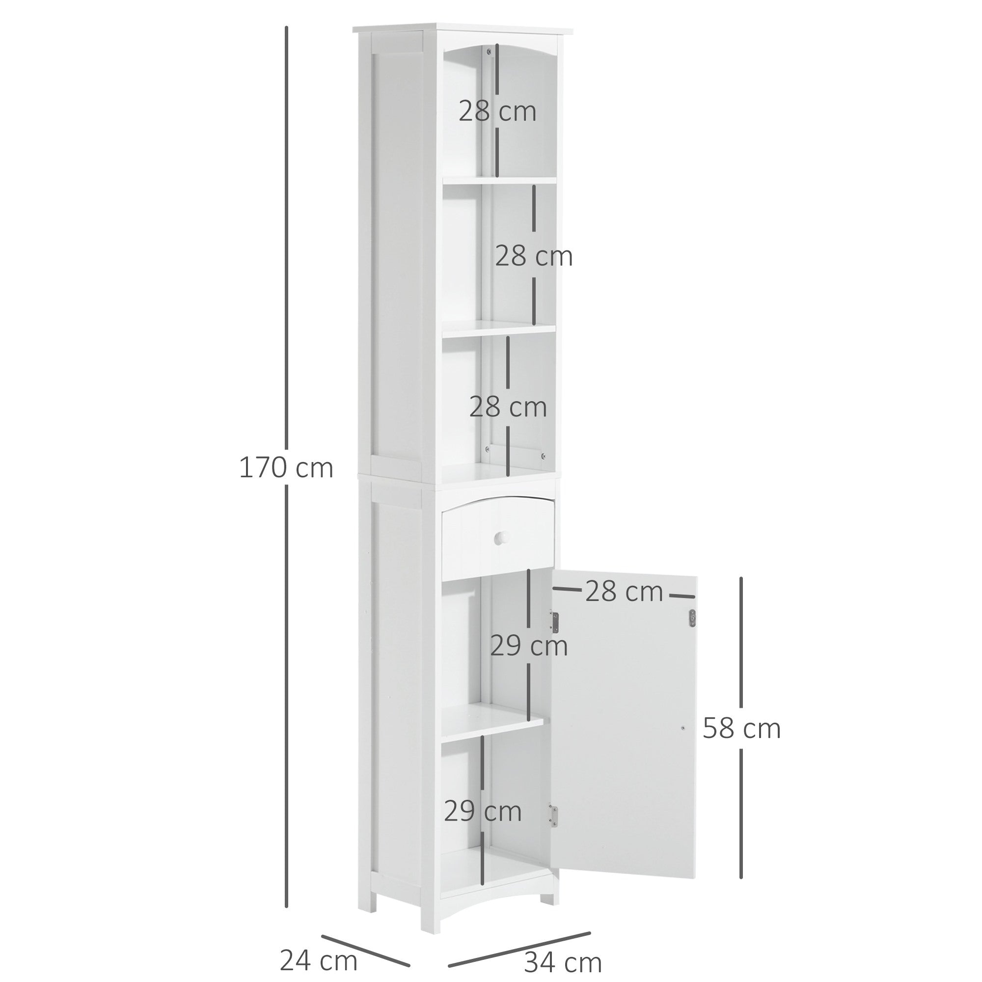 Easycomfort Mobiletto a Colonna Bagno Salvaspazio in MDF white, Armadietto Bagno Multifunzione per Camera with 3 Ripiani 34x24x170cm