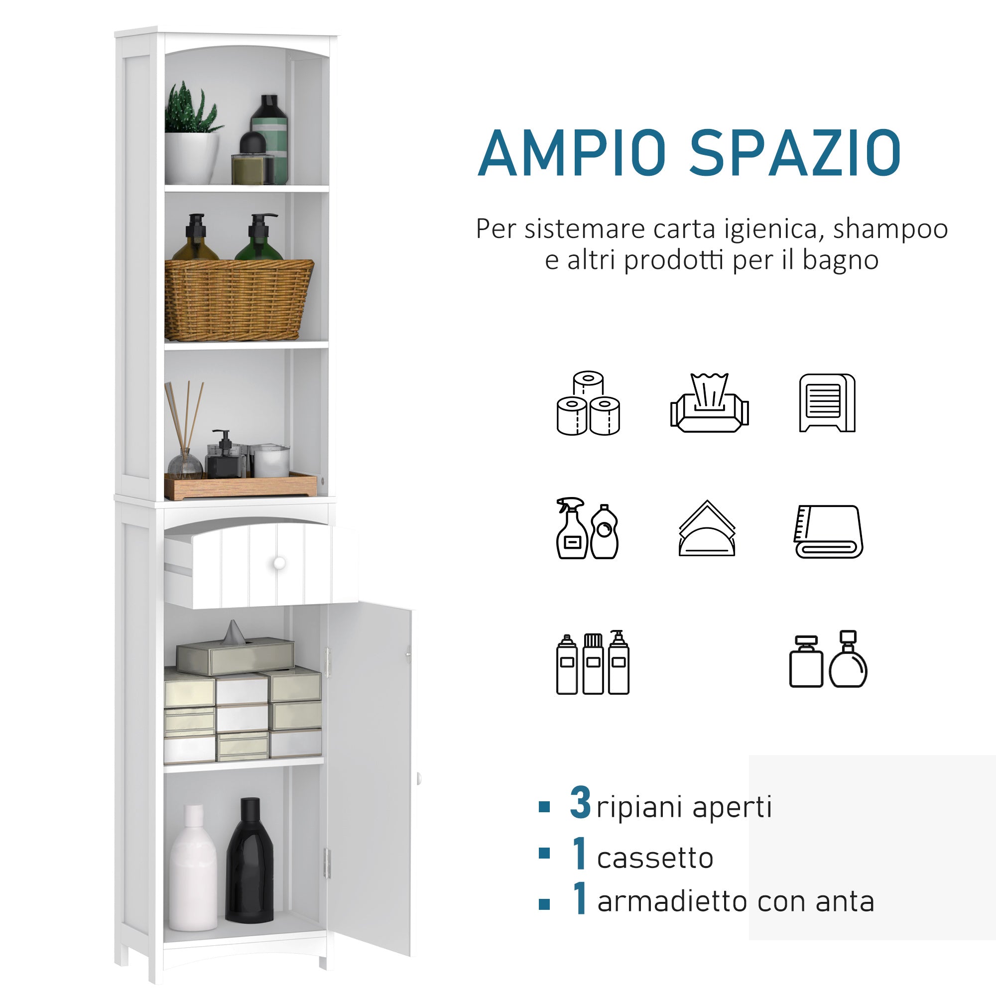 Easycomfort Mobiletto a Colonna Bagno Salvaspazio in MDF white, Armadietto Bagno Multifunzione per Camera with 3 Ripiani 34x24x170cm