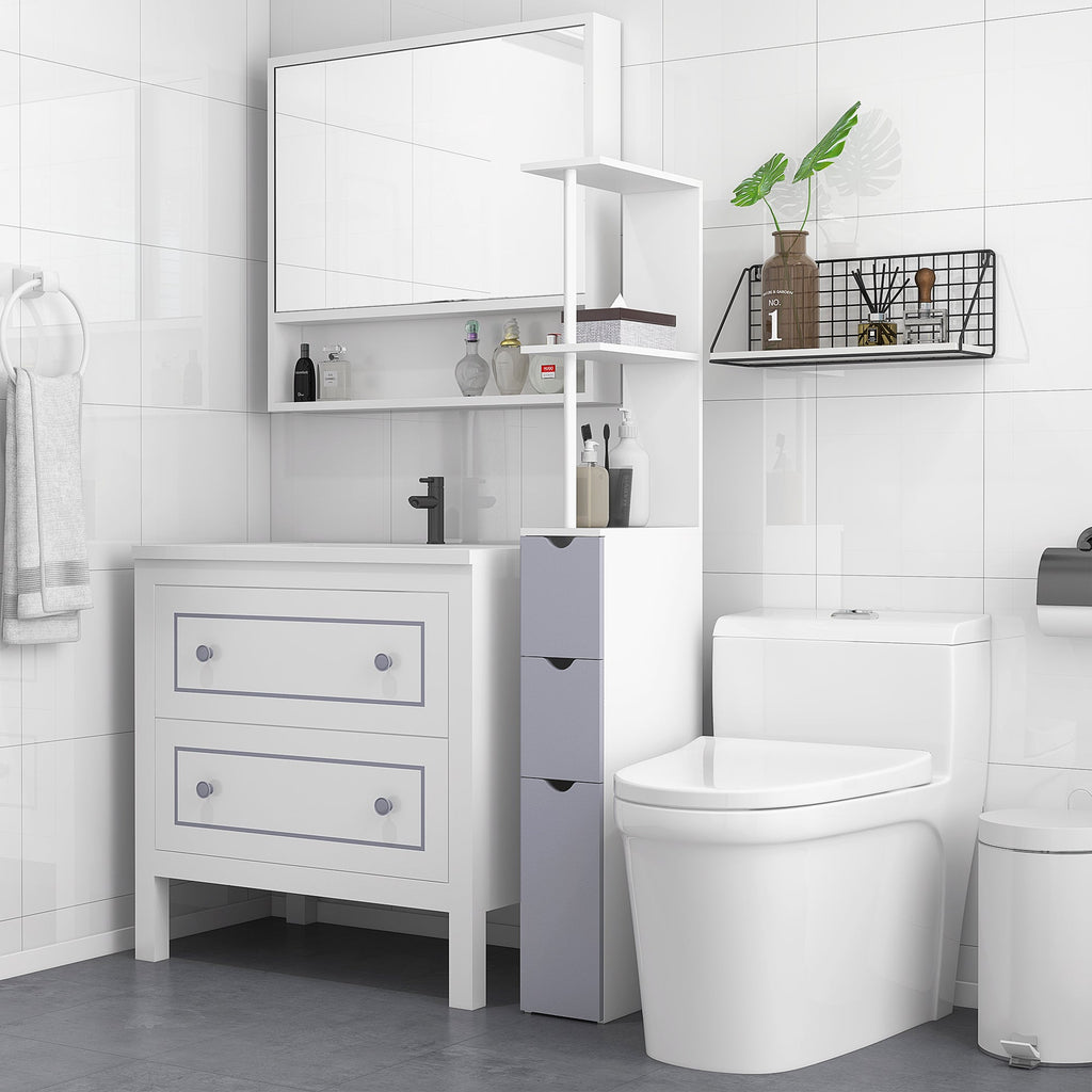 Easycomfort Mobiletto a Colonna Salvaspazio in Legno, Armadietto da Bagno with Ripiani e Armadietti, white, 15x33x136.5cm