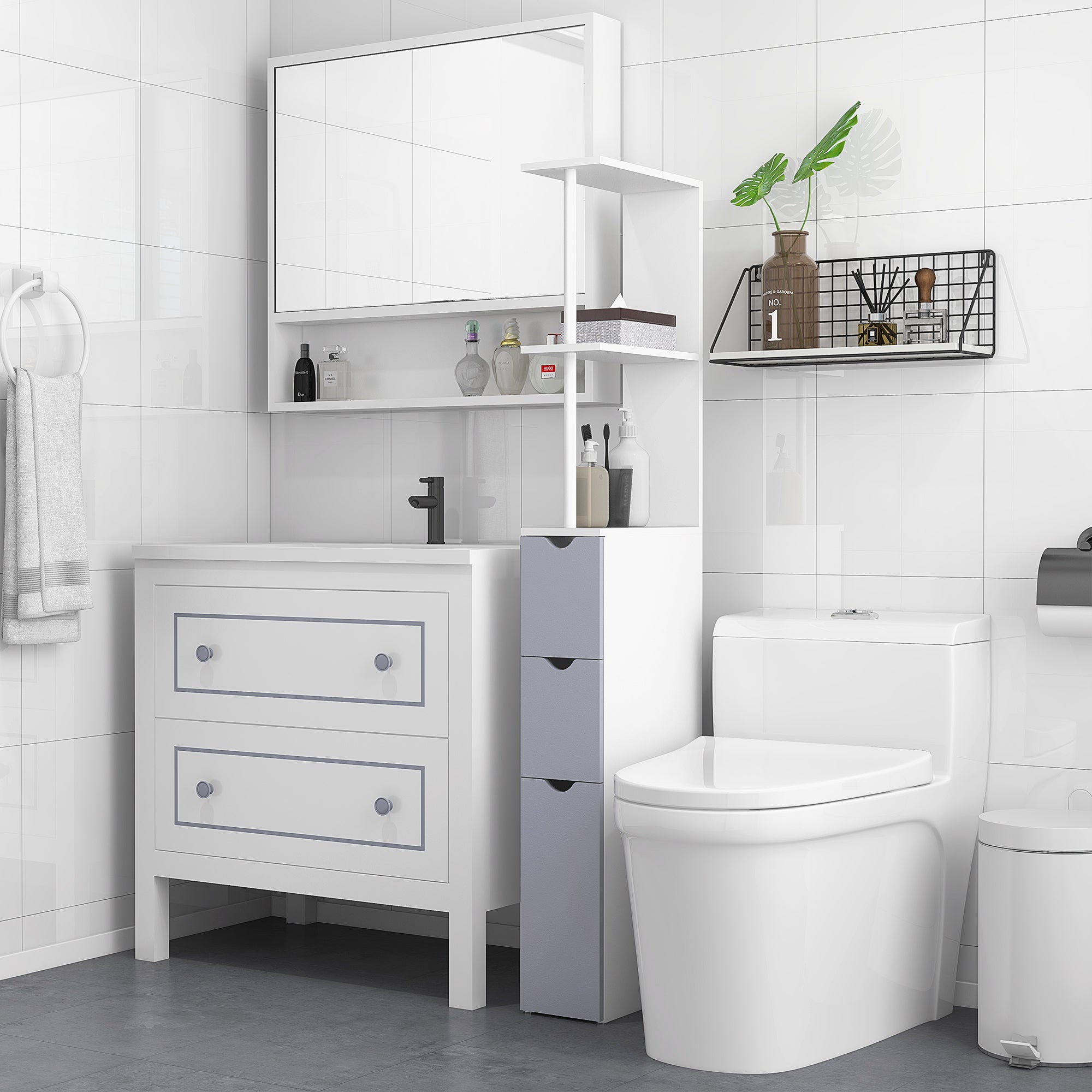 Easycomfort Mobiletto a Colonna Salvaspazio in Legno, Armadietto da Bagno with Ripiani e Armadietti, white, 15x33x136.5cm
