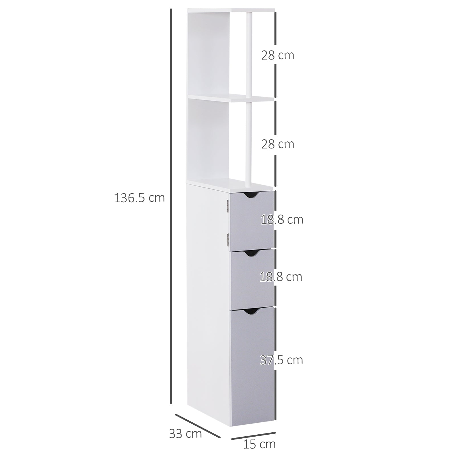 Easycomfort Mobiletto a Colonna Salvaspazio in Legno, Armadietto da Bagno with Ripiani e Armadietti, white, 15x33x136.5cm