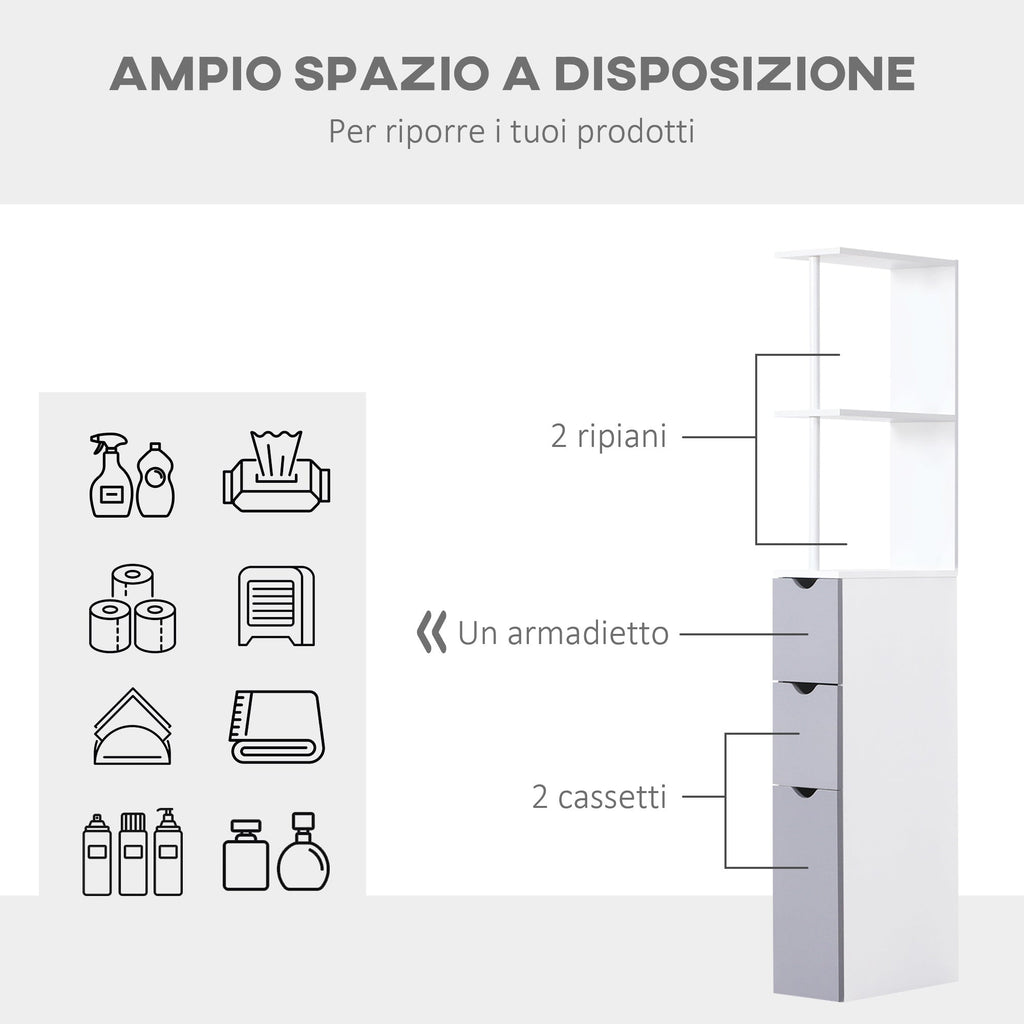 Easycomfort Mobiletto a Colonna Salvaspazio in Legno, Armadietto da Bagno with Ripiani e Armadietti, white, 15x33x136.5cm