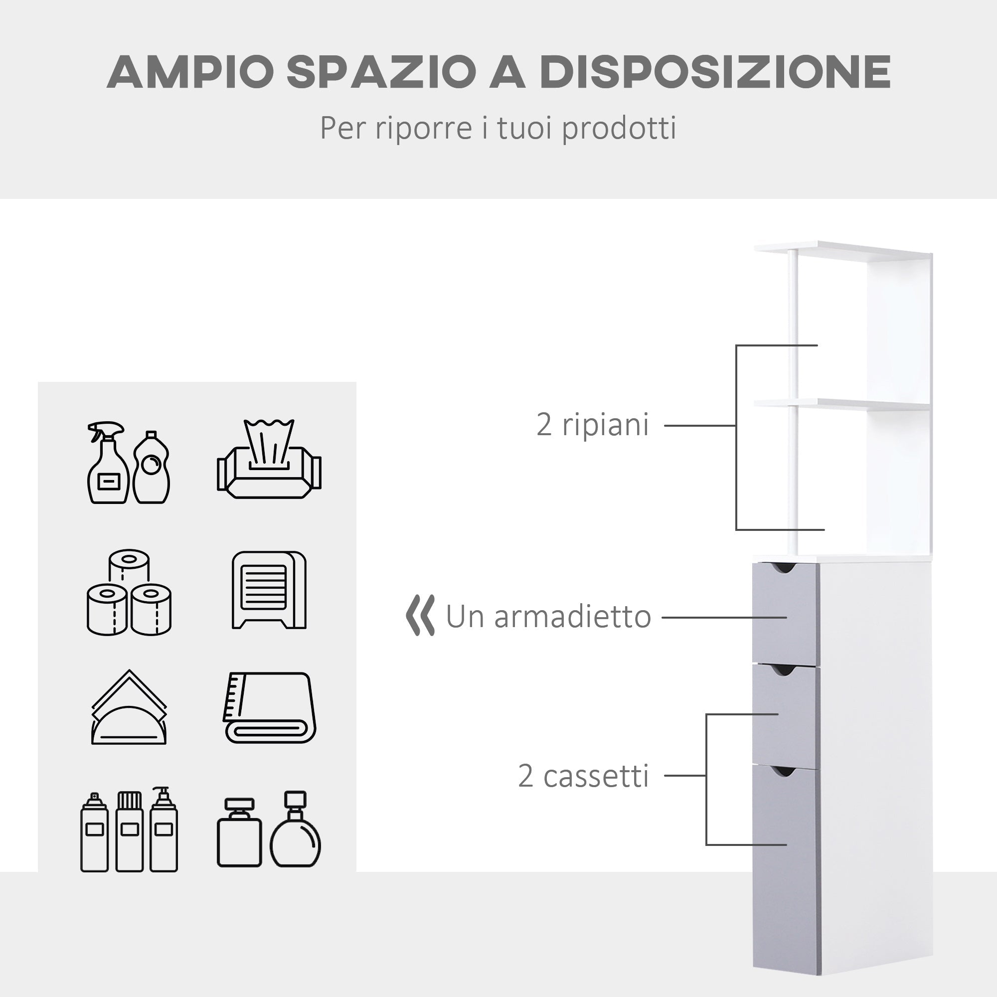 Easycomfort Mobiletto a Colonna Salvaspazio in Legno, Armadietto da Bagno with Ripiani e Armadietti, white, 15x33x136.5cm