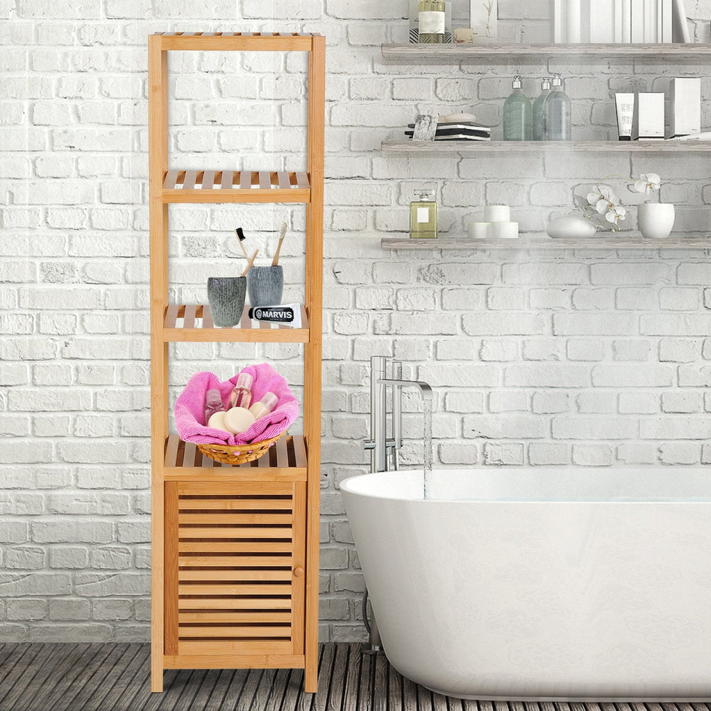 Easycomfort Mobile Alto Bagno/Terrazzo, Scaffale a Torre in Bambù 4 Ripiani + Armadietto with Anta, 36x33x140cm, Color Legno