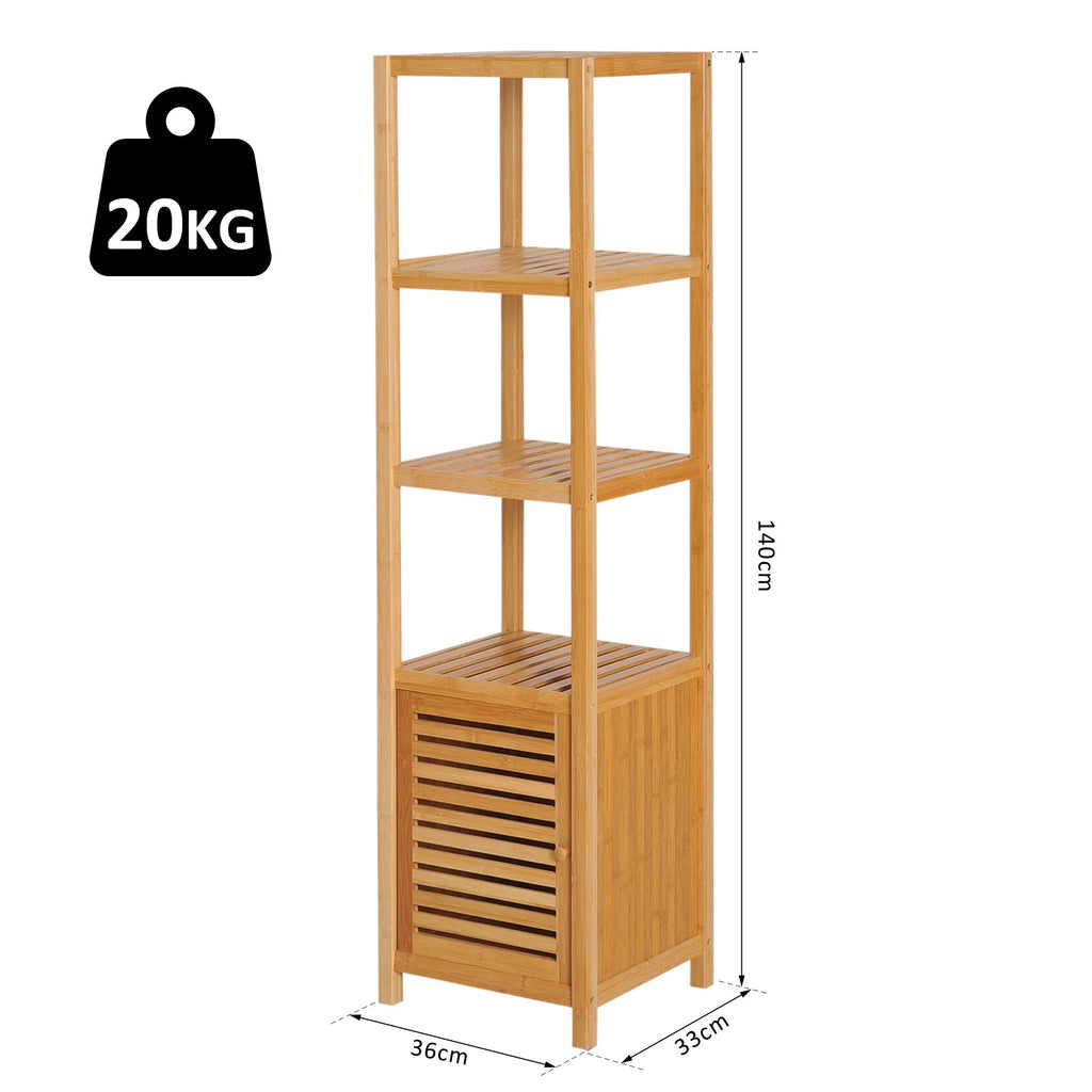 Easycomfort Mobile Alto Bagno/Terrazzo, Scaffale a Torre in Bambù 4 Ripiani + Armadietto with Anta, 36x33x140cm, Color Legno