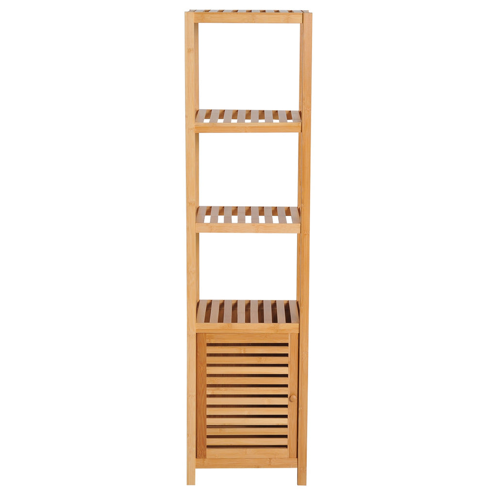 Easycomfort Mobile Alto Bagno/Terrazzo, Scaffale a Torre in Bambù 4 Ripiani + Armadietto with Anta, 36x33x140cm, Color Legno