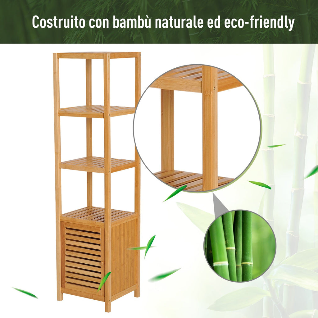 Easycomfort Mobile Alto Bagno/Terrazzo, Scaffale a Torre in Bambù 4 Ripiani + Armadietto with Anta, 36x33x140cm, Color Legno