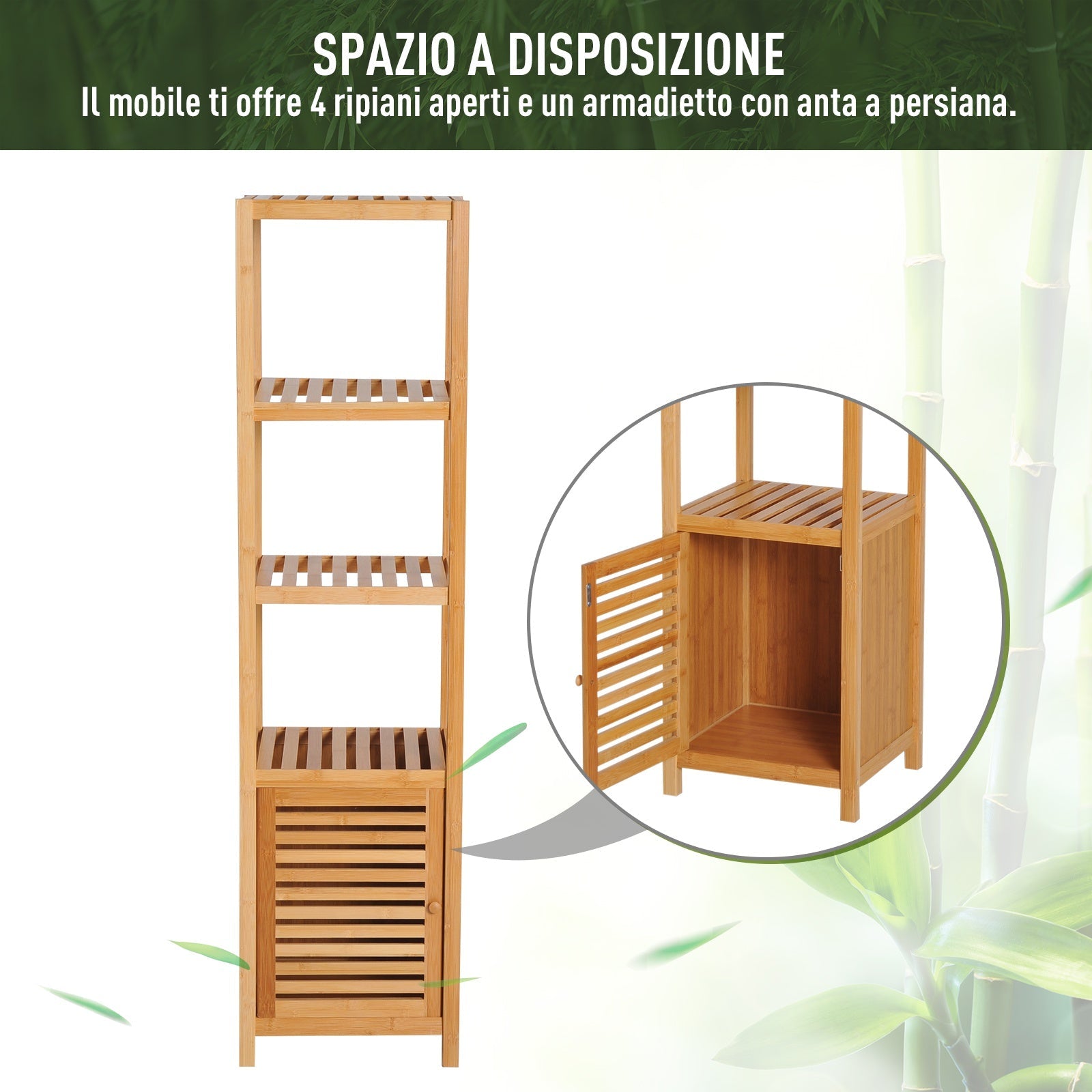 Easycomfort Mobile Alto Bagno/Terrazzo, Scaffale a Torre in Bambù 4 Ripiani + Armadietto with Anta, 36x33x140cm, Color Legno
