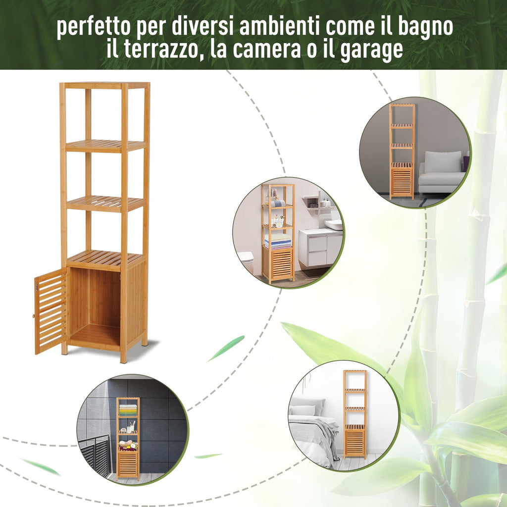 Easycomfort Mobile Alto Bagno/Terrazzo, Scaffale a Torre in Bambù 4 Ripiani + Armadietto with Anta, 36x33x140cm, Color Legno