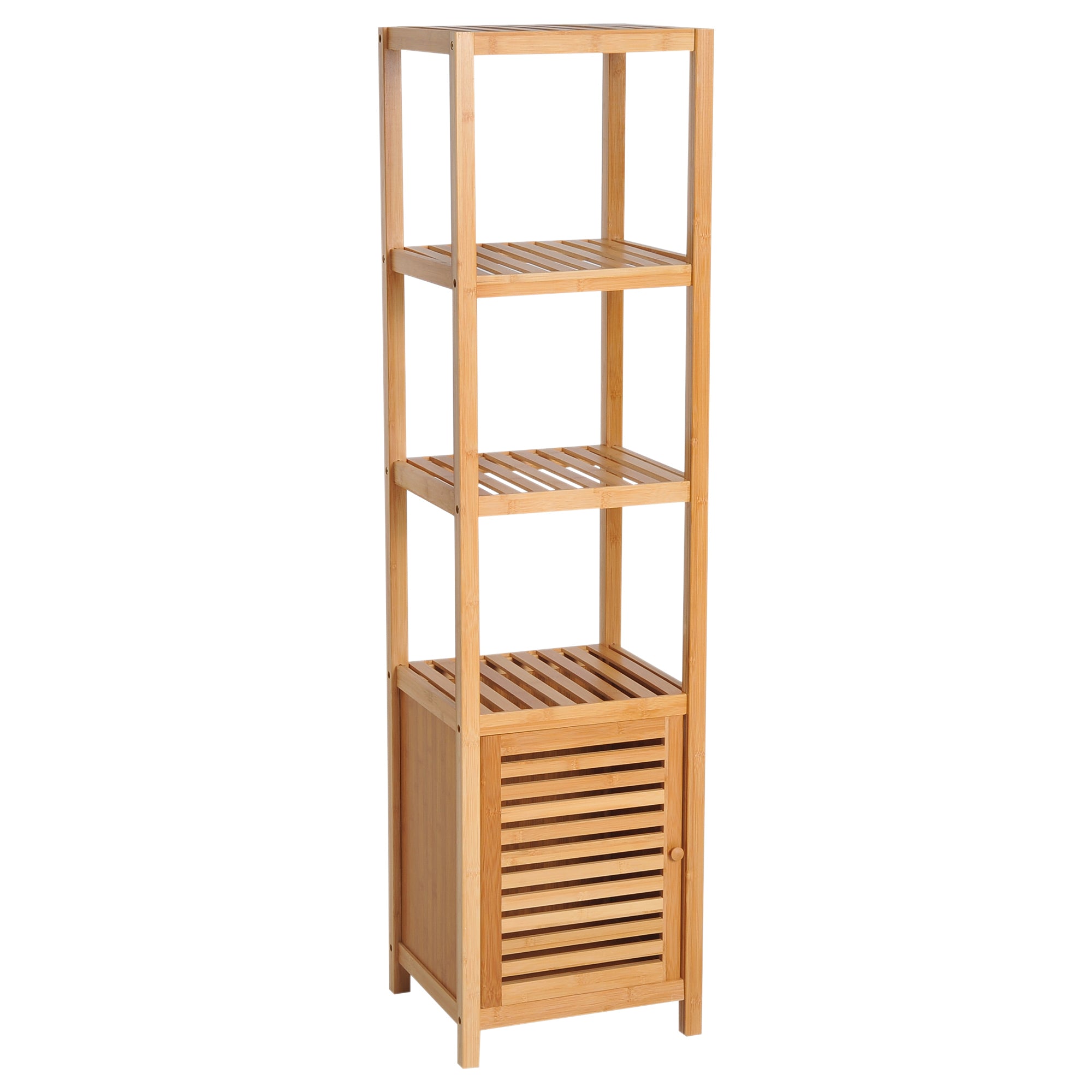 Easycomfort Mobile Alto Bagno/Terrazzo, Scaffale a Torre in Bambù 4 Ripiani + Armadietto with Anta, 36x33x140cm, Color Legno