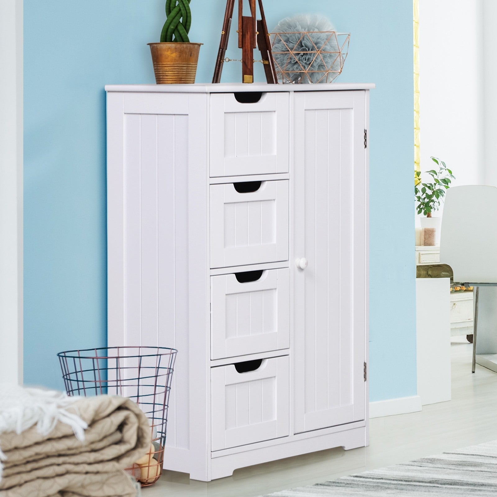 Easycomfort Mobile da Bagno with 4 Cassetti e 1 Armadietto Ripiano Regolabile a 3 Altezze Vernice Ecologica Anti-Ribaltamento in MDF white 56x30x83cm
