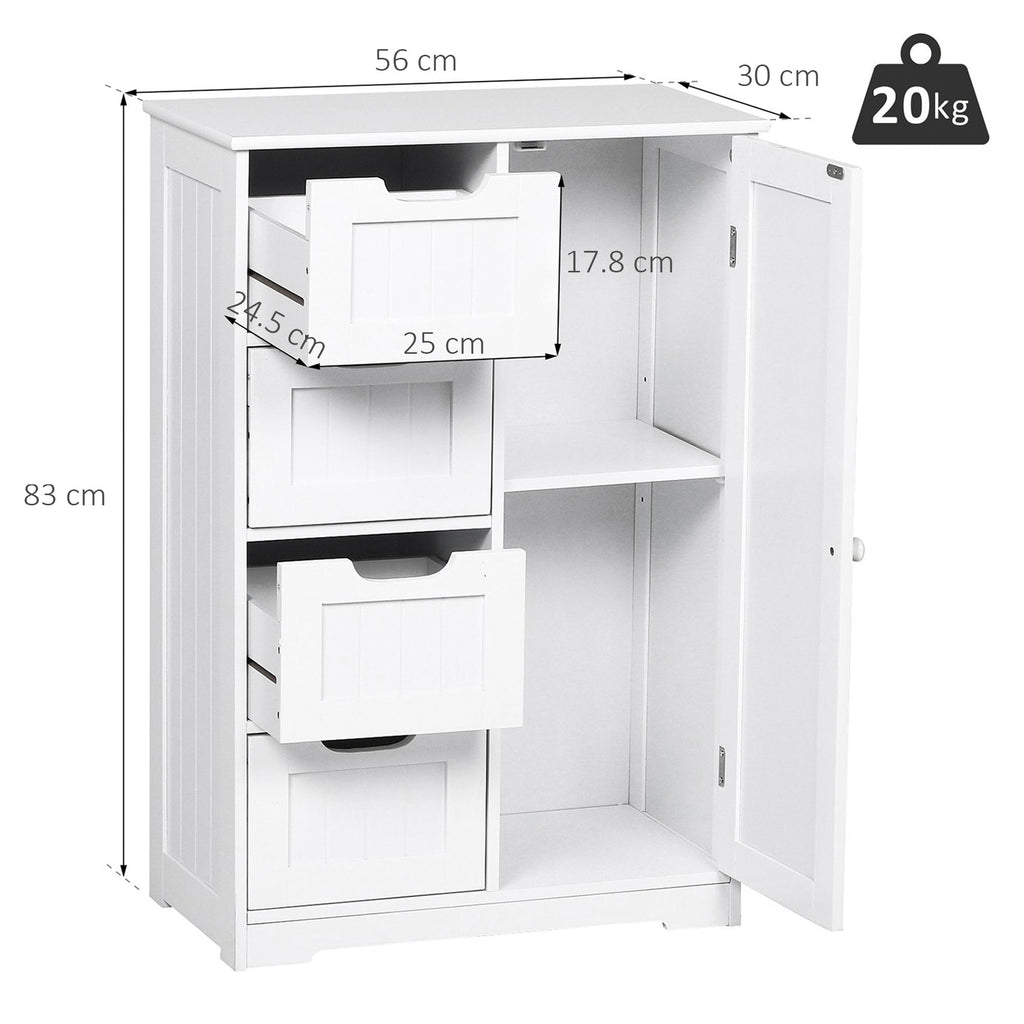 Easycomfort Mobile da Bagno with 4 Cassetti e 1 Armadietto Ripiano Regolabile a 3 Altezze Vernice Ecologica Anti-Ribaltamento in MDF white 56x30x83cm