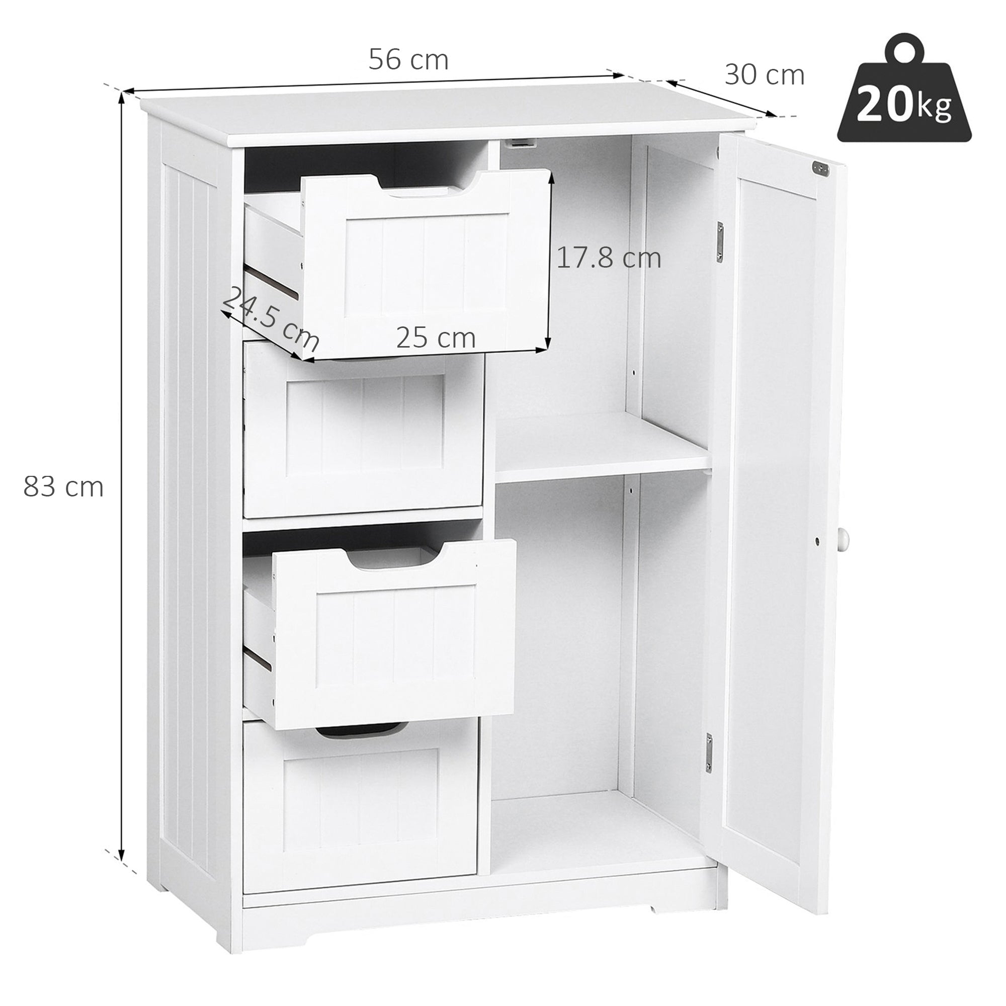 Easycomfort Mobile da Bagno with 4 Cassetti e 1 Armadietto Ripiano Regolabile a 3 Altezze Vernice Ecologica Anti-Ribaltamento in MDF white 56x30x83cm