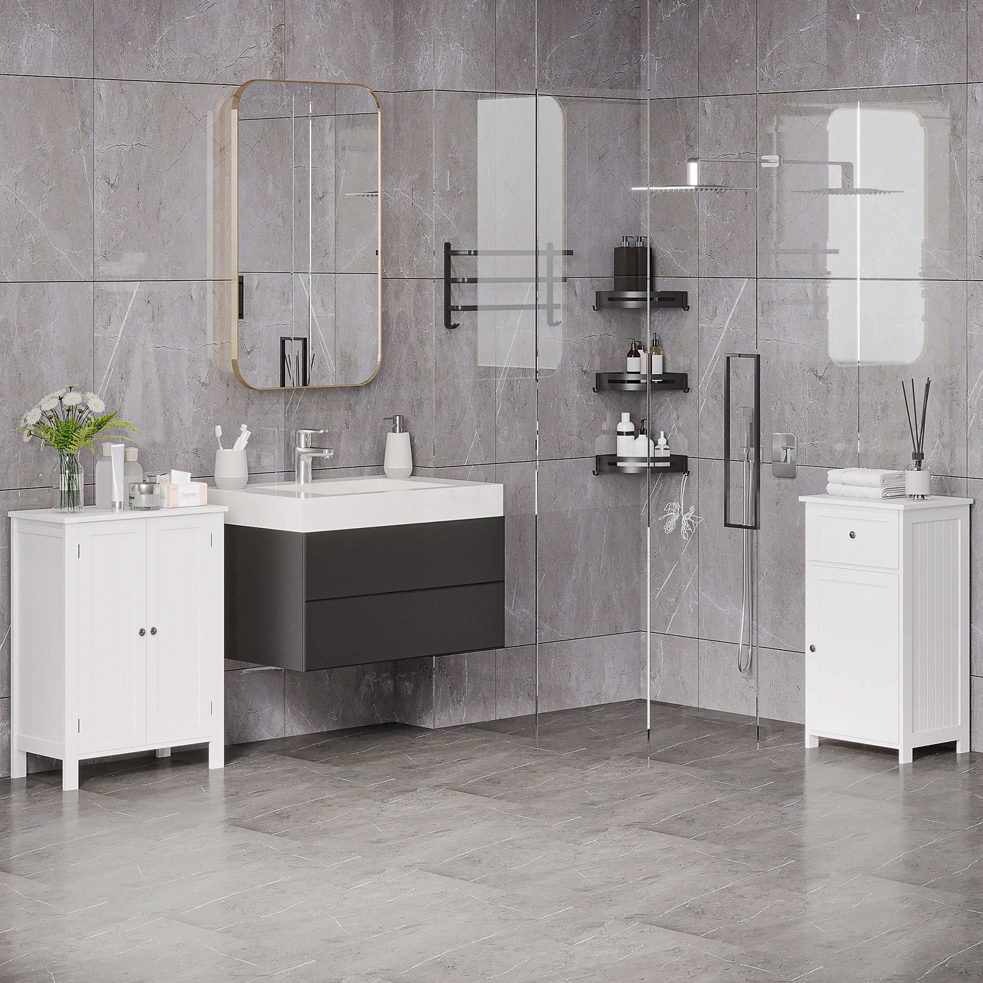 EasyComfort Mobiletto da Bagno, Mobiletto Multiuso Salvaspazio with Armadietto 2 Ripiani 2 Ante Maniglie in MDF 60 x 30 x 80cm white