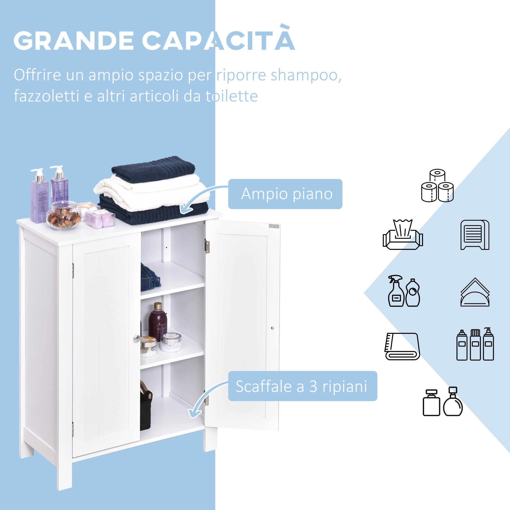 EasyComfort Mobiletto da Bagno, Mobiletto Multiuso Salvaspazio with Armadietto 2 Ripiani 2 Ante Maniglie in MDF 60 x 30 x 80cm white