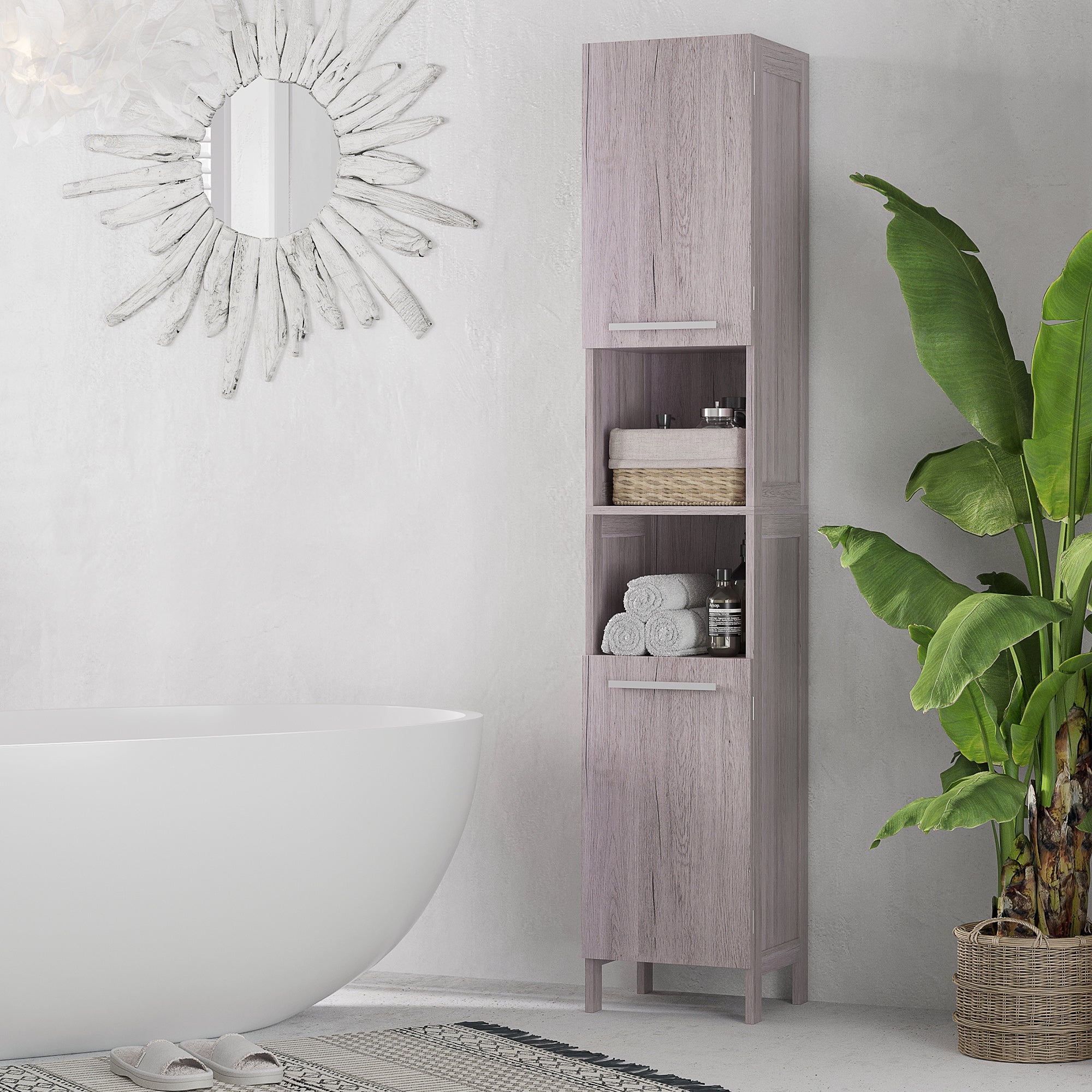 Easycomfort Colonna Bagno in MDF with 2 Armadietti e 2 Ripiani Aperti, 30x32x172.5 cm, color Legno
