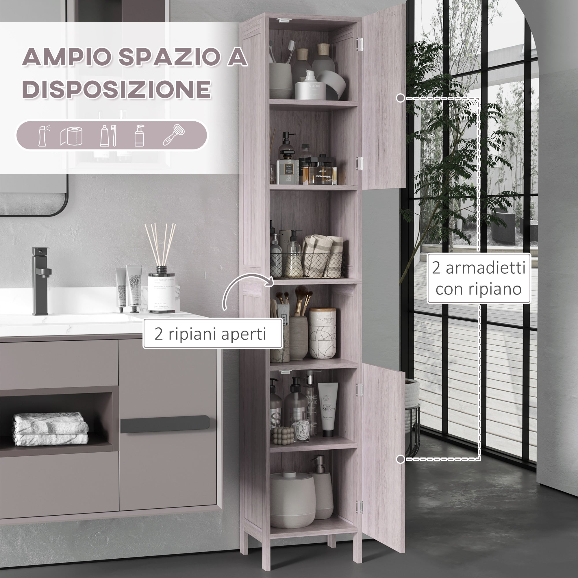 Easycomfort Colonna Bagno in MDF with 2 Armadietti e 2 Ripiani Aperti, 30x32x172.5 cm, color Legno